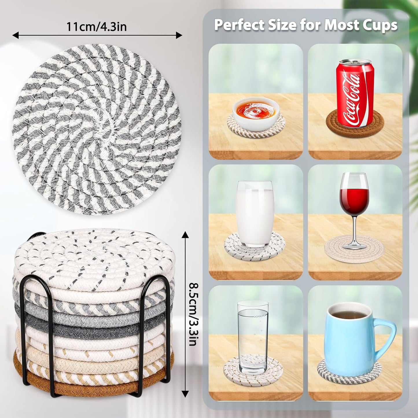 Mckanti 10 Style Drink Coasters with Holder, Absorbent Coasters for Coffee Table, Minimalist Cotton Woven Coaster Set for Home Decor Tabletop Protection Suitable for Kinds of Cups, 4.3 Inches.