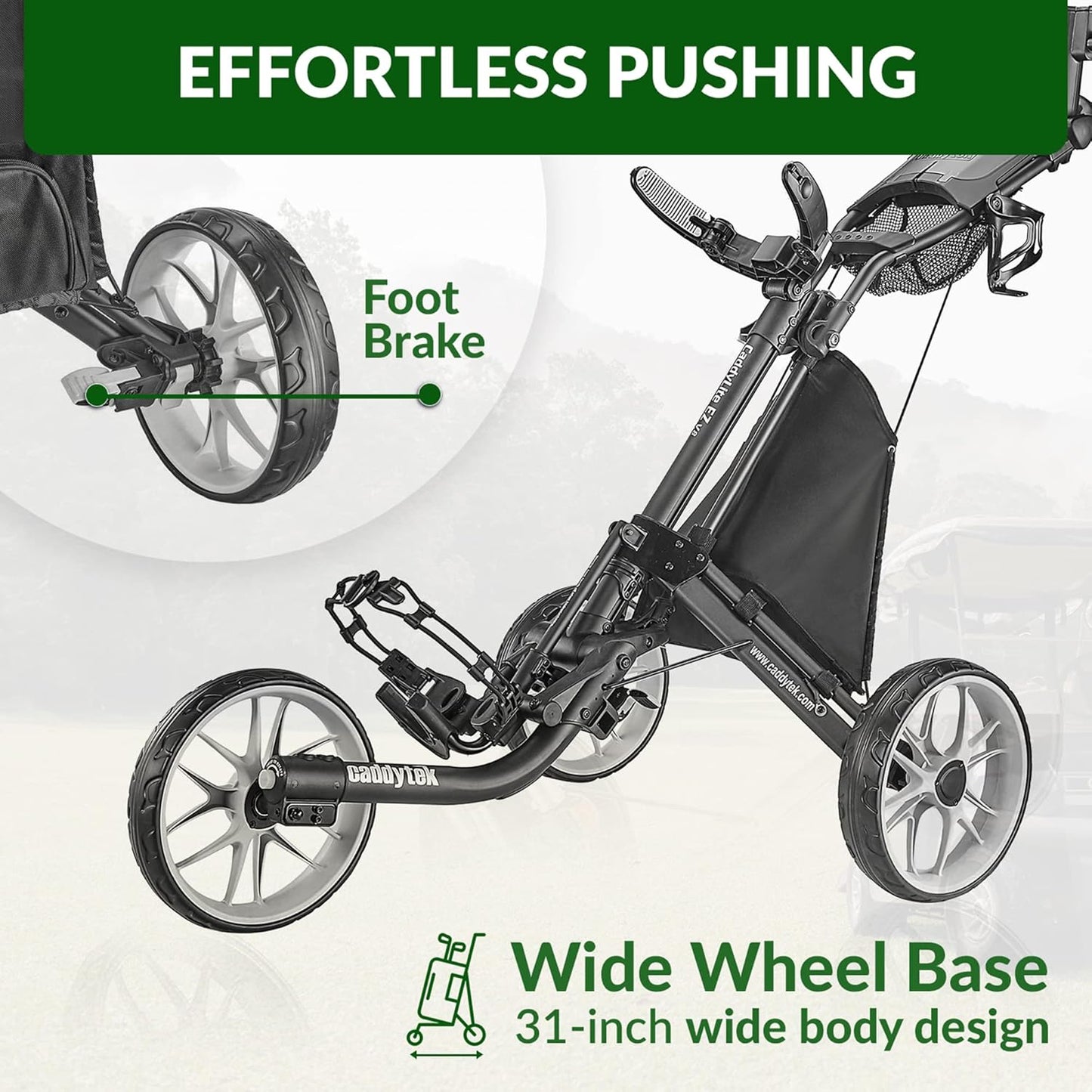 Caddytek CaddyLite EZ V8 Golf Push Cart - Lightweight 3 Wheel Foldable Cart with One-Click 2-Step Folding, EVA Wheels, Adjustable Handle, Cooler Basket, Umbrella & Drink Holder, Compact Golf Cart