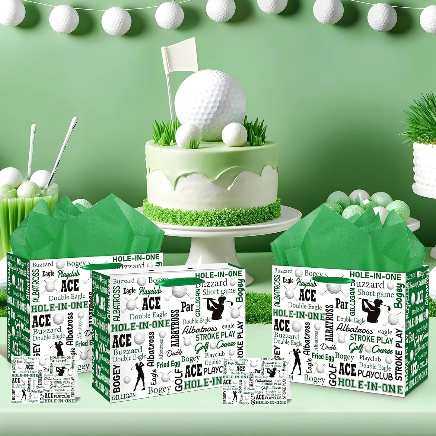 Golf Party Gift Bag, Large Golf Gift Wrap Bag with Tissue Paper Greeting Card Decorations for Sports Party Favors Golf Ball Themed Birthday Goodie Gifts Treat Wrapping Bags for Kids Men Team Supplies