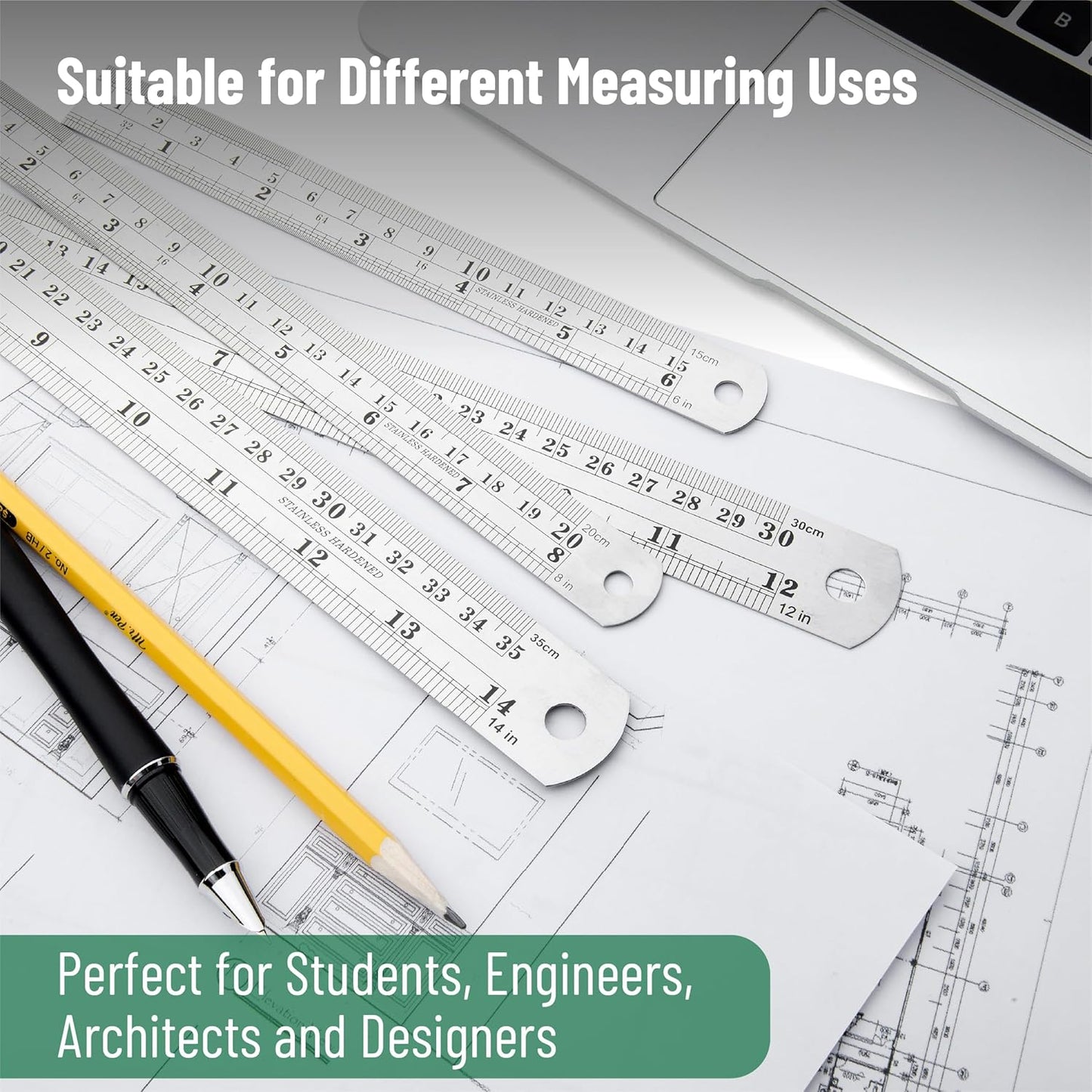 Mr. Pen Stainless Steel Ruler Set, 6-16", "Metric Metal Ruler, Long and Small Sizes, Straight Edge