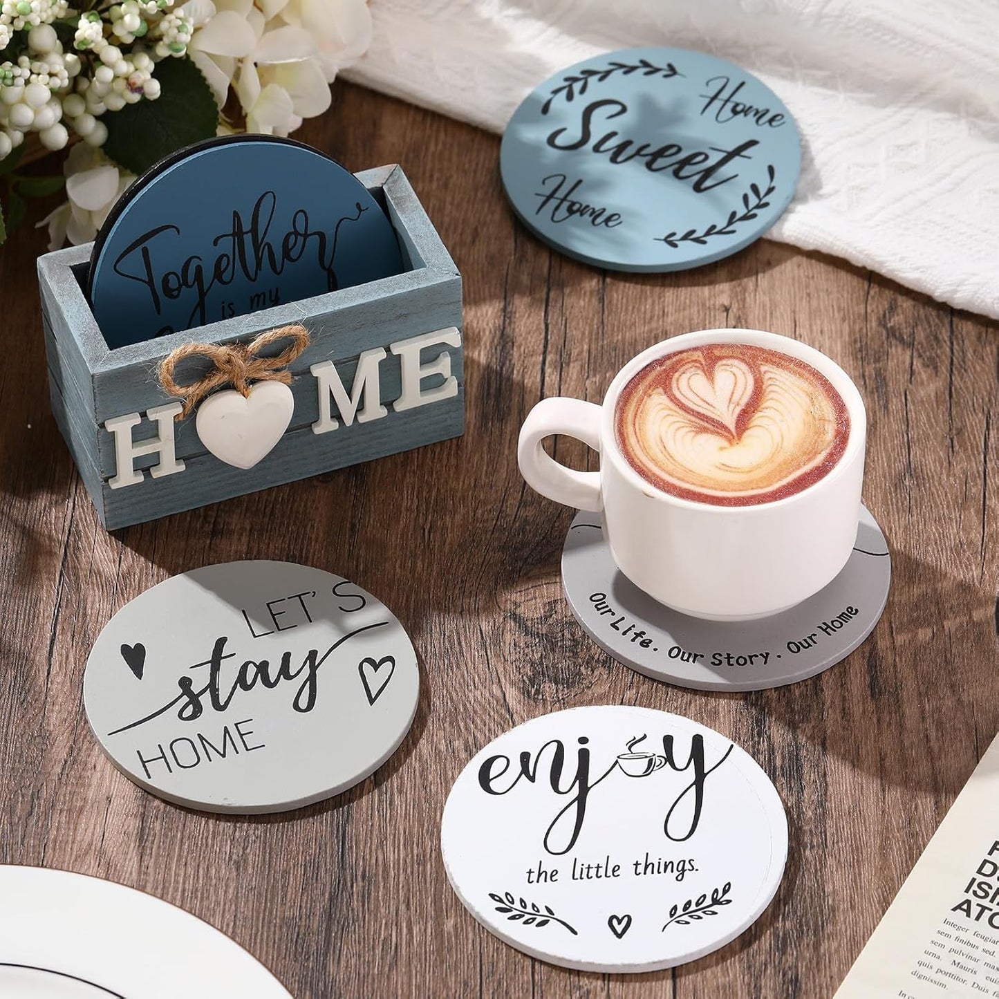 Queekay Housewarming Gifts for Home Decoration Wooden Heart Coasters for Drinks 6 Set Farmhouse Coasters with Holder Funny for Family Coffee Table Protection, 4''(Gray Blue)