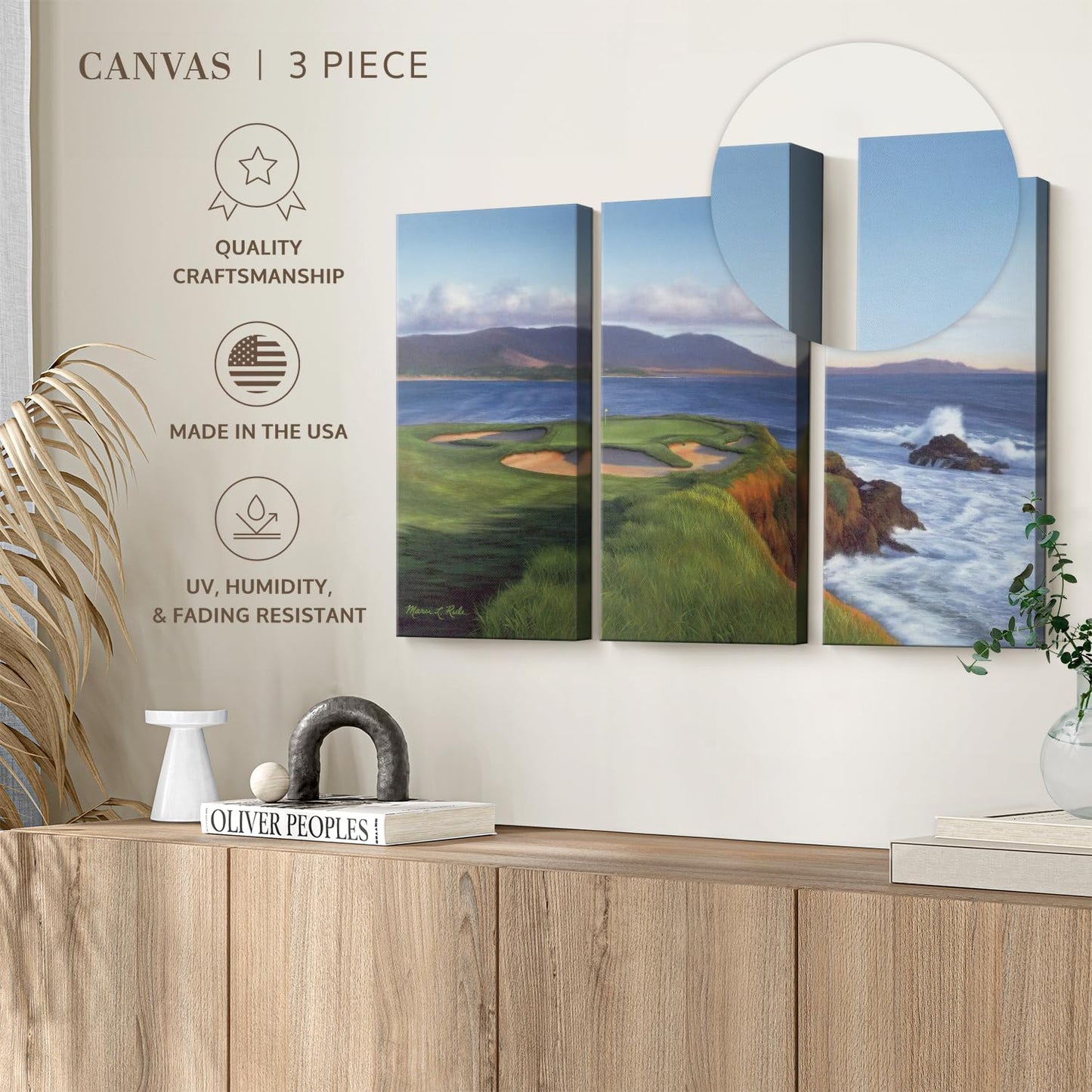 ElephantStock Pebble Beach 7th Hole Wall Art - Horizontal Canvas - 3-Piece Living Room Wall Decor - Painting Sports Canvas Print - Green and Blue Decor for Wall by Marci Rule - 45" X 28"