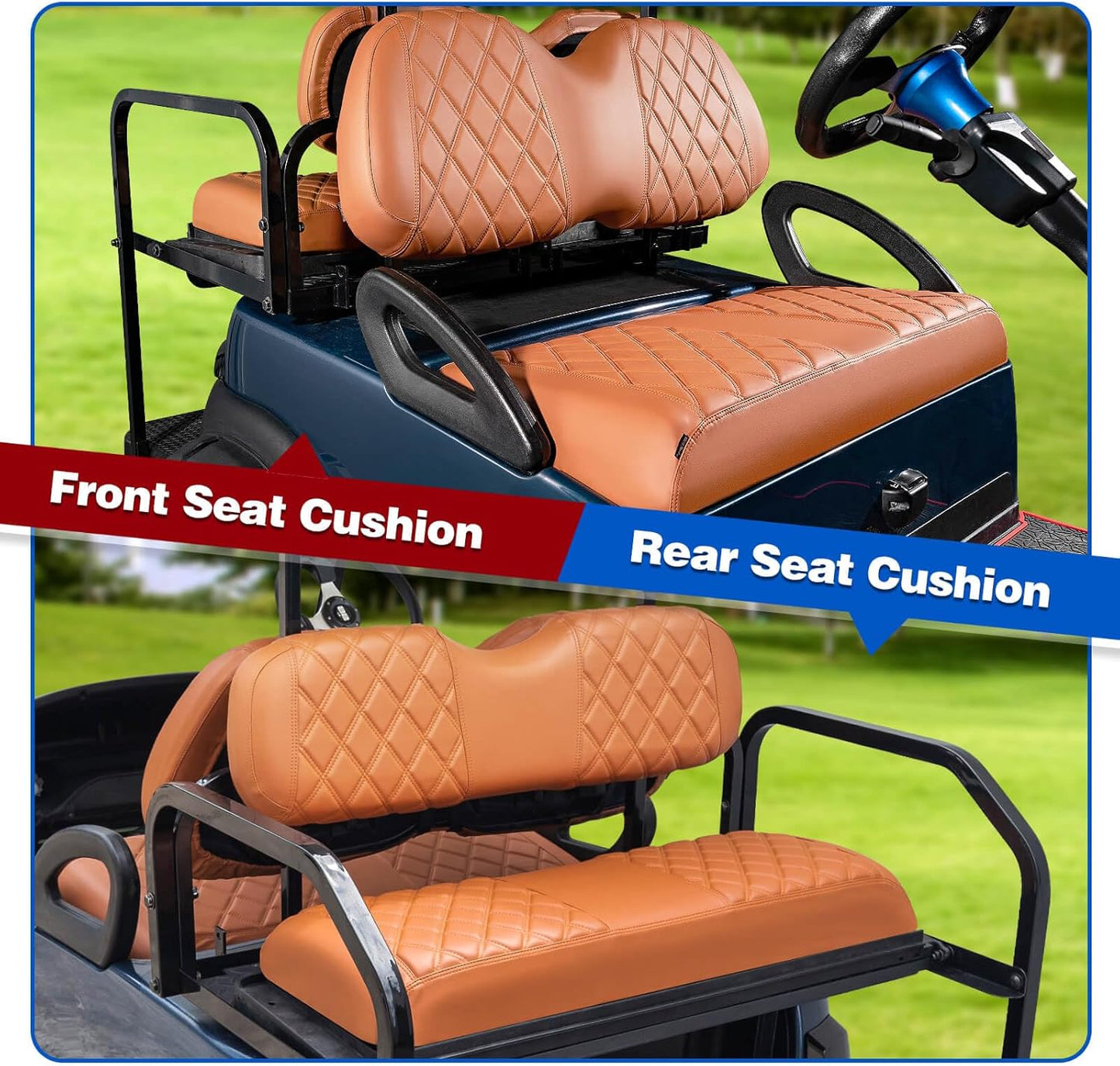 NOKINS 4PCS Golf Cart Seat Covers Kit, Front and Rear Seat Covers Fits Club Car Precedent Standard Seat Cushion, Club Car Vinyl Diamond Seat Covers Accessories, No Staples (All Brown)