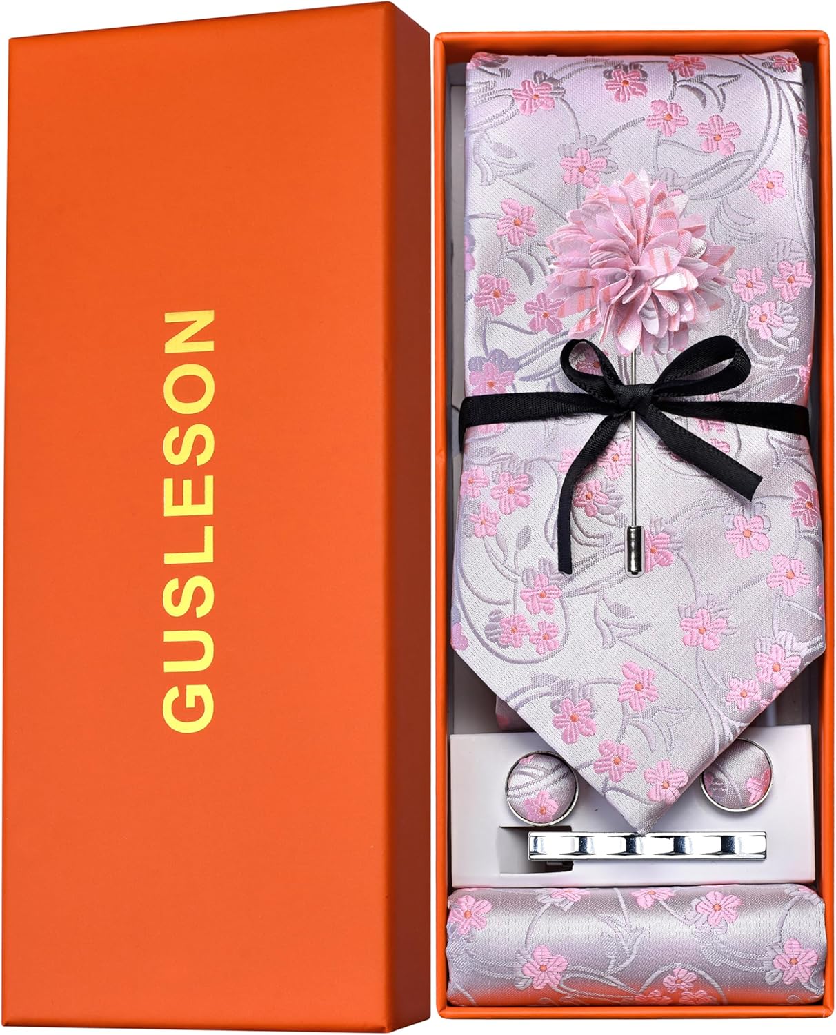GUSLESON Tie Set for Men Necktie and Pocket Square,Tie Clip,Cufflinks, Lapel Pin Sets with Gift Box 5PCS