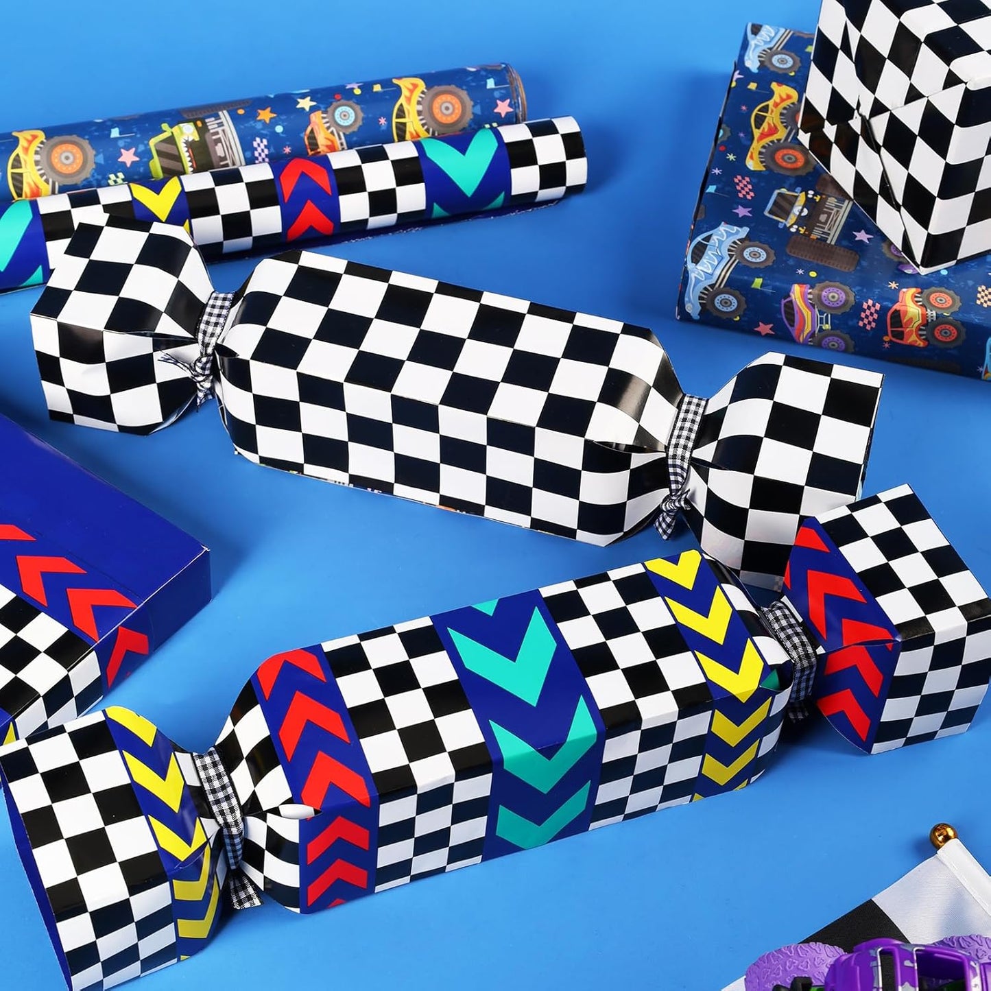 LaRibbons Race Car Reversible Wrapping Paper Mini Roll, Race Track and Checkered Flag Design, Perfect for Kids and Boys Birthdays, 17" x 33'(46.7 sq. ft)