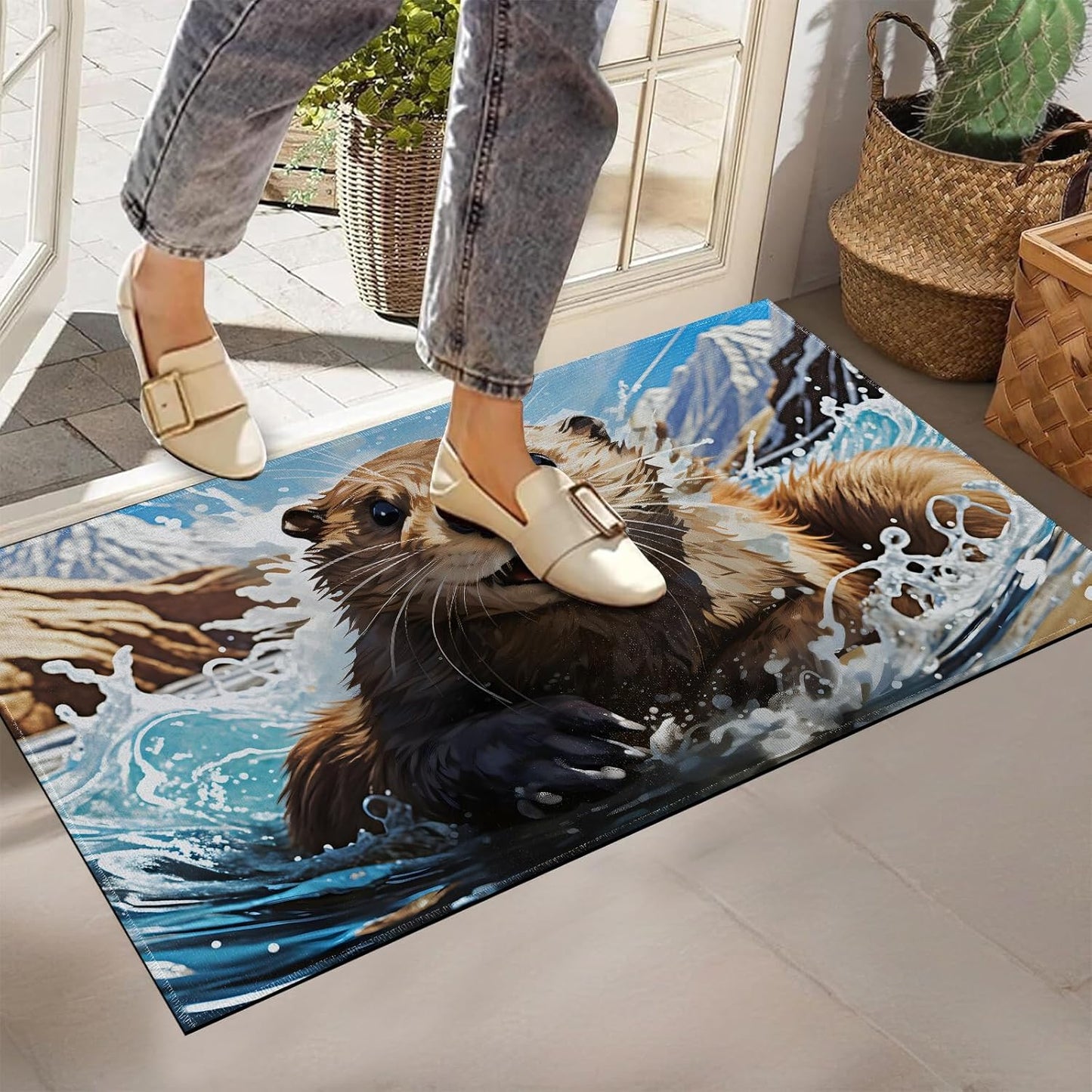Cute Otter Animal Indoor Doormat, Non-Woven Fabrics Non Slip Floor Mat 17x29.5 in Area Rug Quick Absorbent Entrance Rug Front Door Mat, Welcome Mats Entryway Rug Doormats for Kitchen Home Bedroom