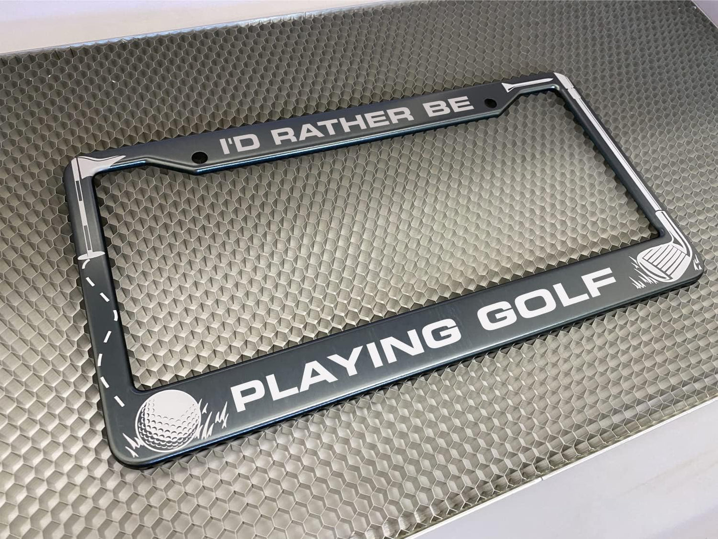 Golf Club and Ball Design with Your Custom Text | Laser Etched Anodized Aluminum Standard Size - CAR/Automobile License Plate Frame & Free caps - Gray (Qty: 1 Frame)