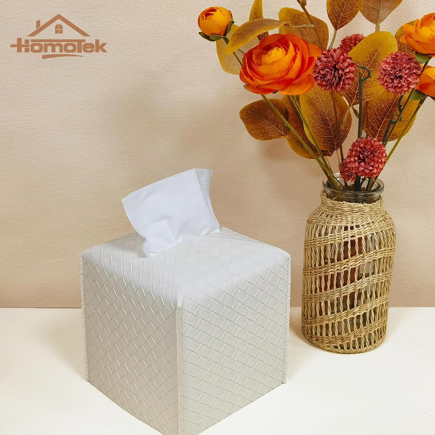 HOMOTEK 2 Pack Tissue Box Cover,PU Leather Tissue Holder,Square Decorative Facial Tissue Cube Paper Organizer Dispenser for Bathroom, Night Stands, Desk, Car 5X5X5'' - Woven Waffle, Ivory
