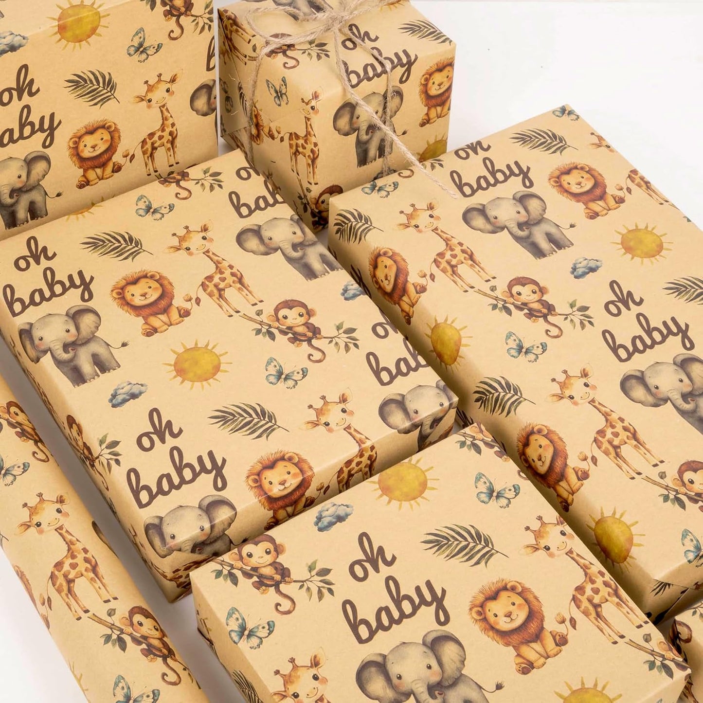 Vnaaem Baby Shower Kraft Wrapping Paper Roll for Kids Boys Girls - Cute Safari Animals & Oh BaBy Baby Gift Wrap for Birthday, Holiday, Baby Shower, Summer Party Favor - 17 in x 20 ft(Total 28.5sq.ft)
