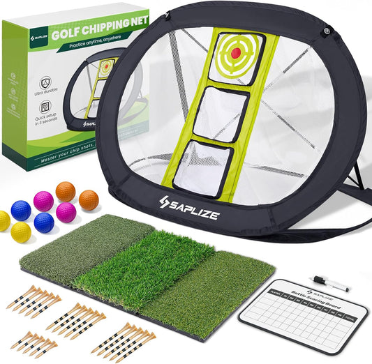 SAPLIZE Ultra-Stable Golf Chipping Net Set with Pop-Up Target, Tri-Turf Mat, Foam Practice Balls, Tees and Scoring Board for Indoor and Outdoor Chipping Accuracy and Swing Training