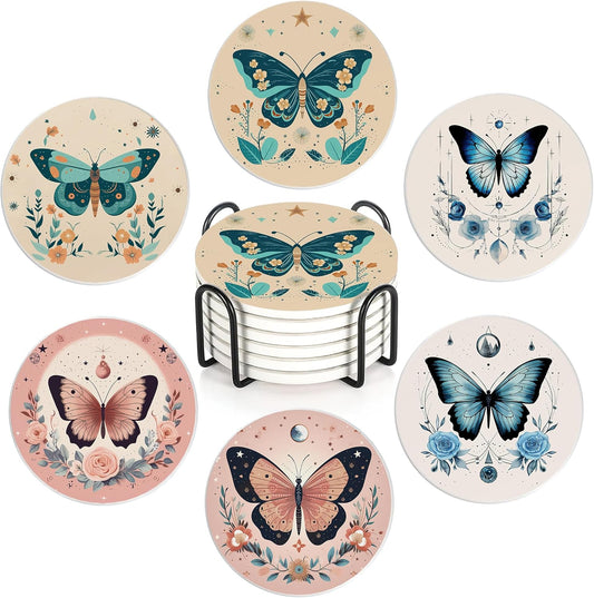 Coaster for Drinks Set of 6, Boho Butterfly Flower Absorbing Round Ceramic Stone Coaster with Cork Base,Tabletop Protection Mat for Mugs and Cups,Coffee Table Wine Glass Home Bar 4 Inch