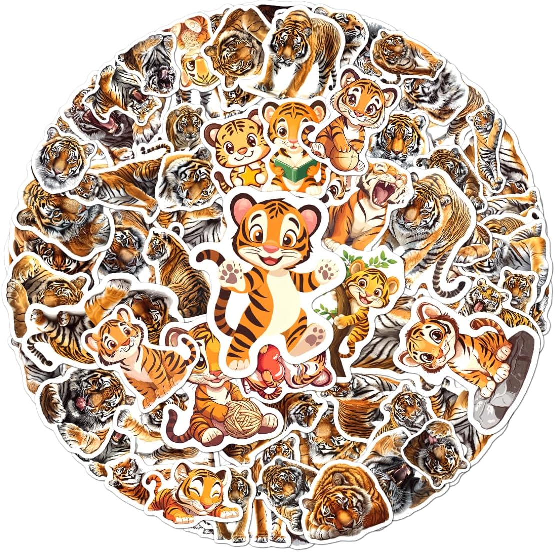 108 PCS Cute Tiger Stickers, Waterproof Vinyl Animal Stickers for Kids Teens Adults, Jungle Wildlife Decals for Laptop, Phone, Water Bottles, Journaling, Scrapbooking, Party