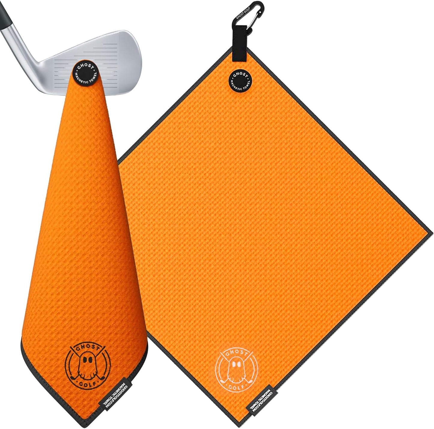 Ghost Golf Magnetic Towel (Greenside) - Premium Ultra-Absorbent Microfiber Golf Towel with Magnet for Golf Carts or Clubs - 18" x 18" Golfing Gear - Waffle Weave Pattern (Orange)