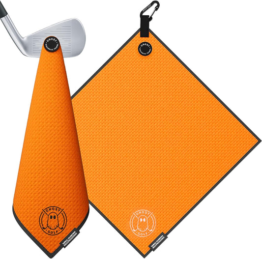 Ghost Golf Magnetic Towel (Greenside) - Premium Ultra-Absorbent Microfiber Golf Towel with Magnet for Golf Carts or Clubs - 18" x 18" Golfing Gear - Waffle Weave Pattern (Orange)