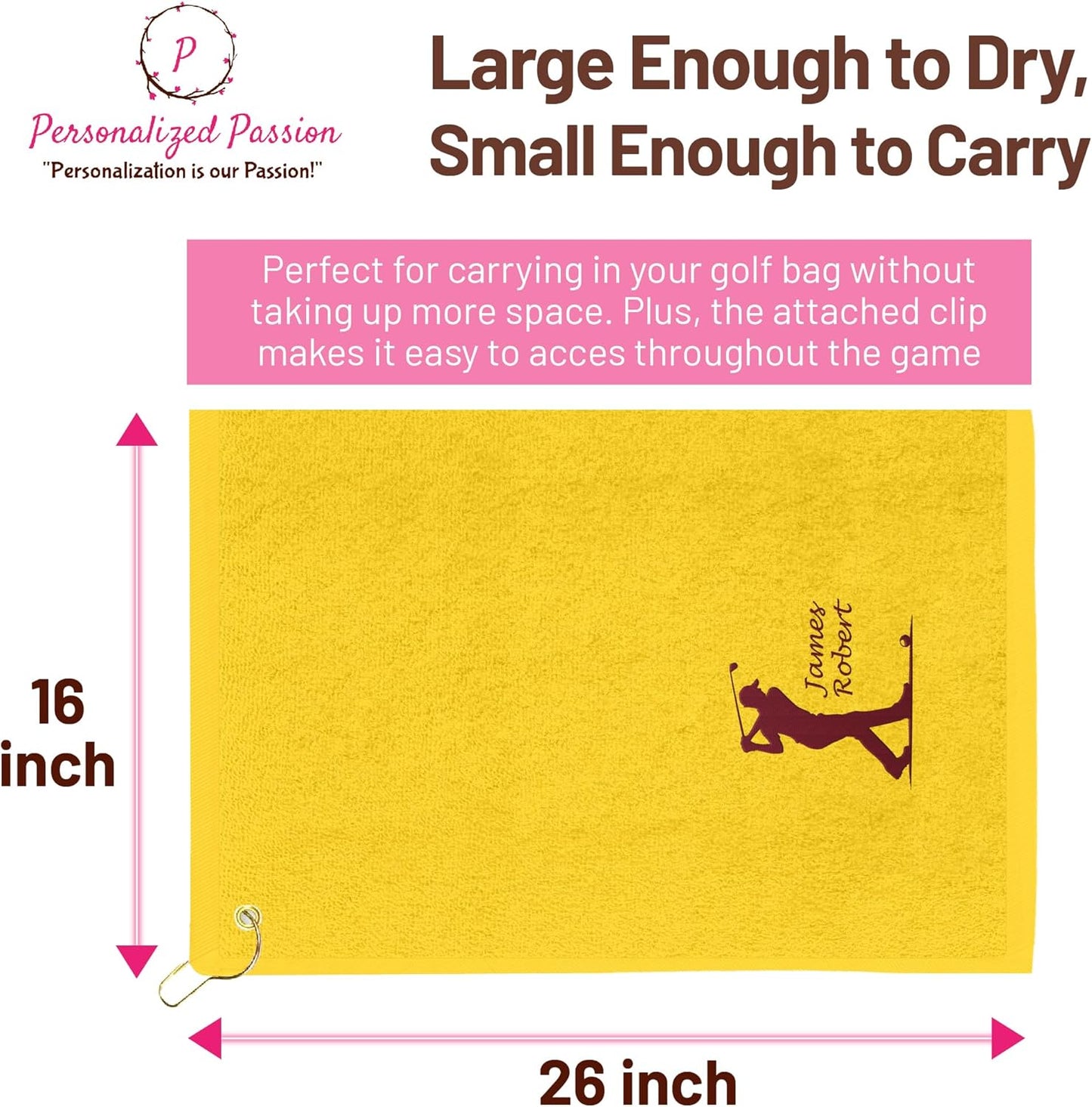 Personalized Passion Golf Towels with Corner Grommet - 16"x26" Customized Velour Cotton Golf Bag Towels with Name - Super Soft and Highly Absorbent - Quickly Remove Dirt and Sweat - Black