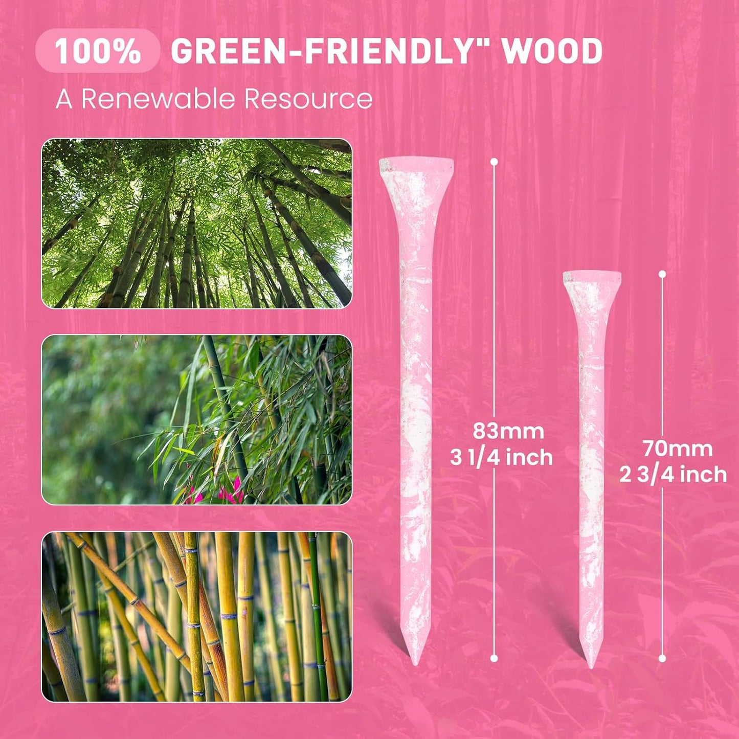 Amy Sport Golf Tees Styllish Bamboo Wooden Coloured Painted Bulk 200 Pack 1 1/2 3 1/4 2 3/4 Inch Tee, Enhanced Visibility Color Purple Pink Green Blue, Practice for Men Women