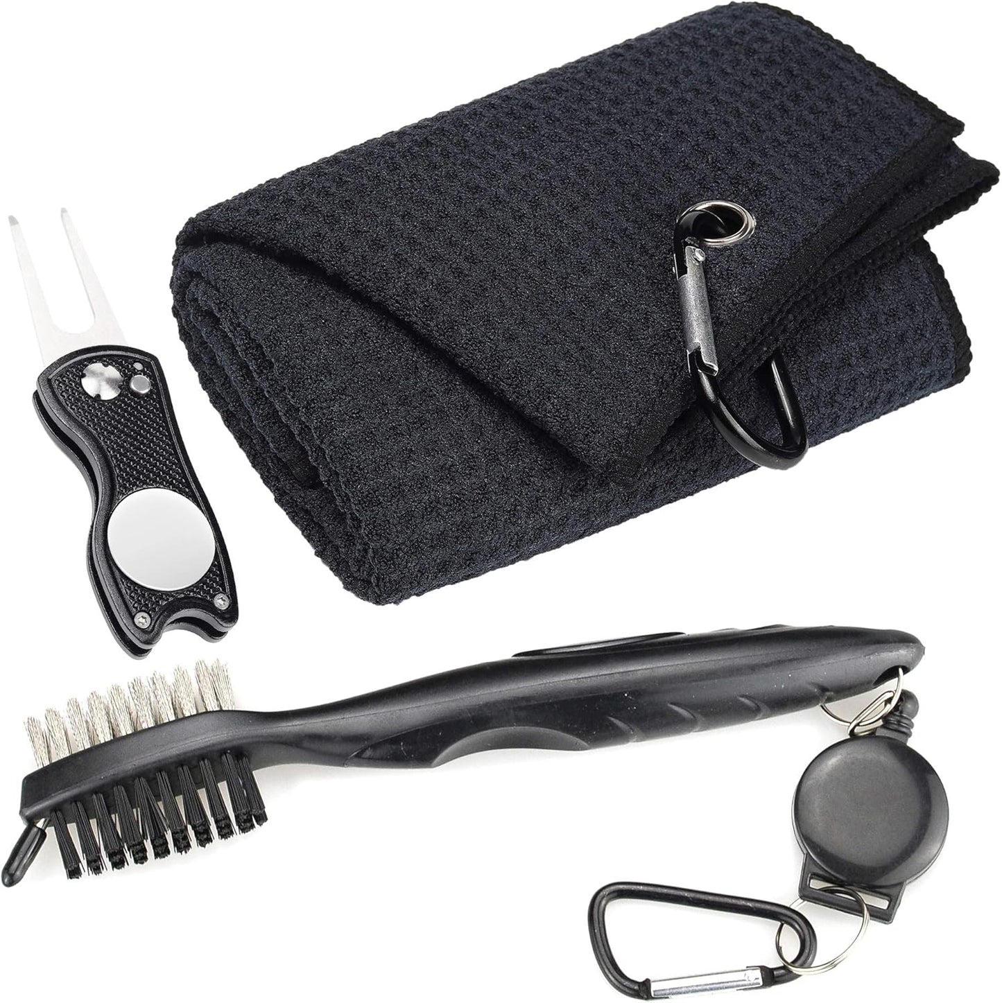 Mile High Life Microfiber Waffle Pattern Golf Towel | Club Groove Cleaner Brush | Foldable Divot Tool with Magnetic Ball Marker (Black Towel/Brush/Fish Divot)
