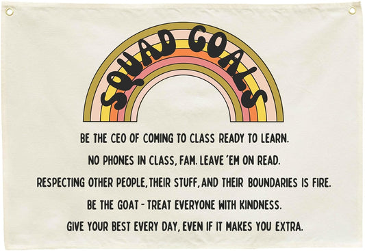 Classroom Wall Decor Poster-Funny Class Rules Banner-Teen Slang Flag-Rectangle Banner Flag Wall Decor-Door Sign-Christmas Gift-Inspirational Positive Motivational Growth Quote-Squad Goals-28.5"L×20"W