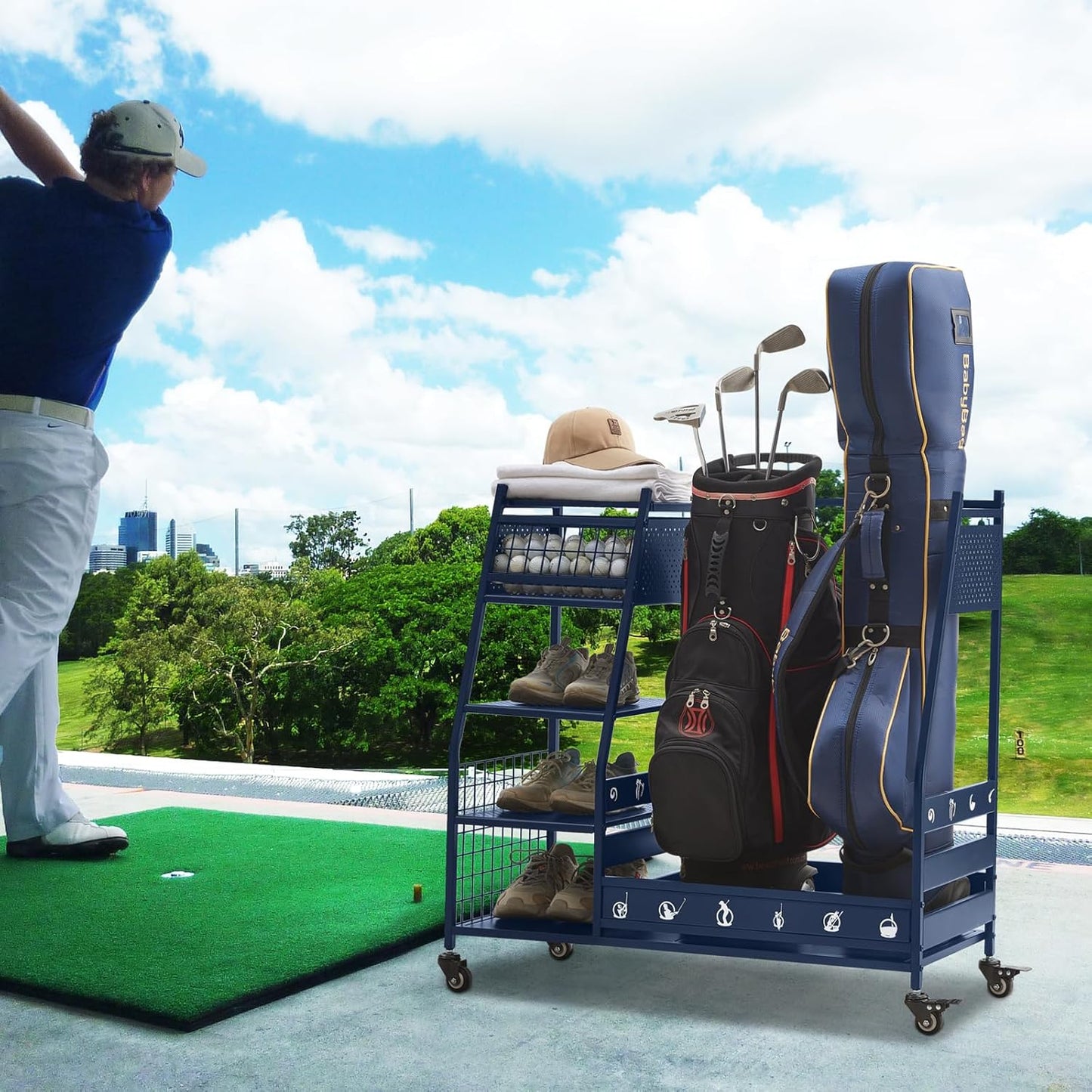 Lauren&Harold Golf Bag Organizer Garage Storage, Golf Storage Rack Stand Fits 2 Golf Bags, Golf Clubs and Other Golfing Equipment Accessories, Golf Organizer for Garage, Club, Shed, Basement