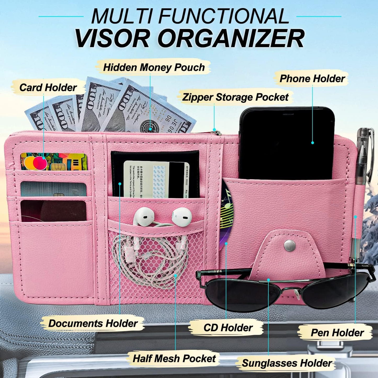 Keedolla Car Sun Visor Organizer, Truck Visor Organizer Car Sun Storage Pocket Pouch Case Bag for Sunglasses, Cards, Pens and Document - Pink