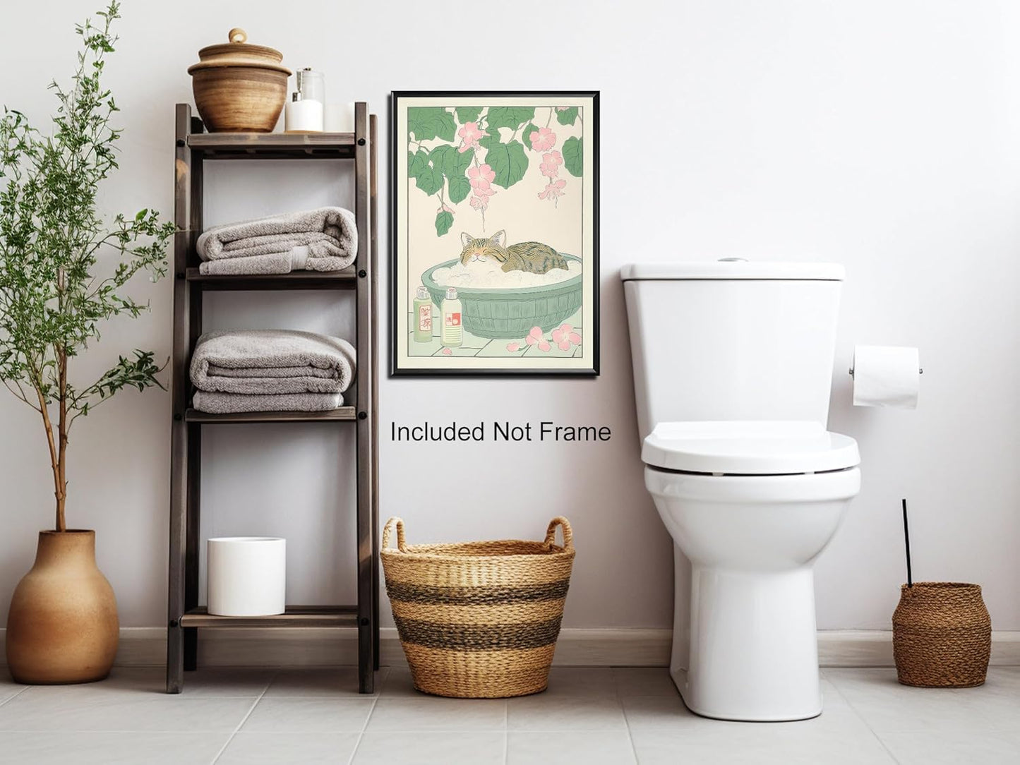 Vintage Tabby Cat in The Bathtub Posters Funny Bathroom Wall Art Cute Animal Lover Canvas Prints Japanese Aesthetic Neutral Minimalist Wall Decor for Dorm Restroom 16x24in Unframed