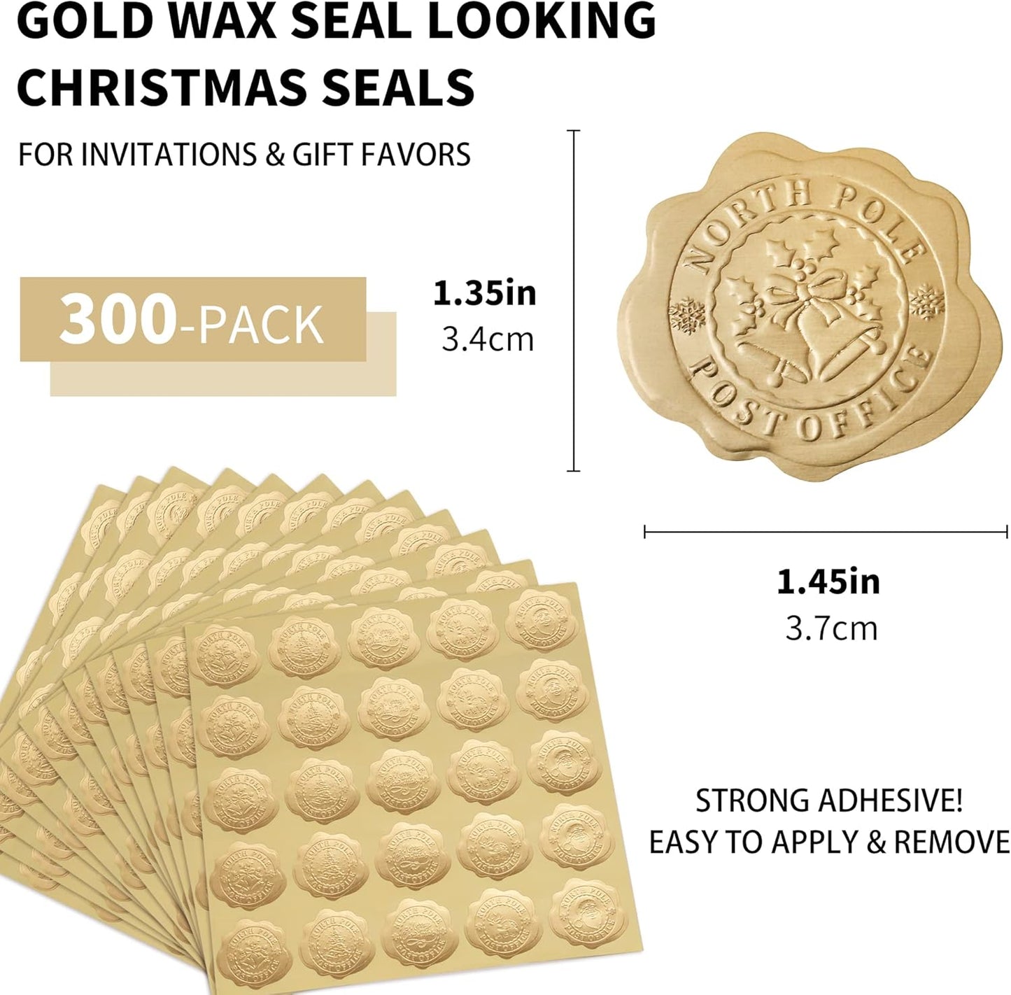 300pcs Gold Christmas Embossed Wax Seal Looking Envelope Seals for Gifts Packages/Party Favors, Self-Adhesive