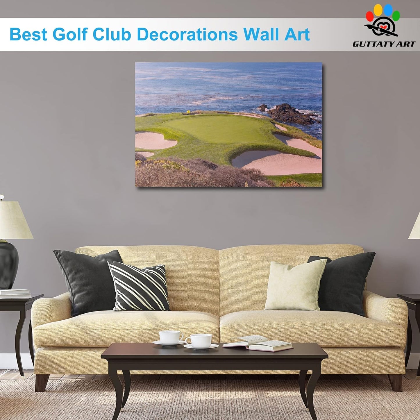 Beach Golf Canvas Wall Art - Pebble Course Picture Print for Living Room, Sport Poster Painting for Bedroom Office Decoration, Framed Artwork for Home 32x48 Inches