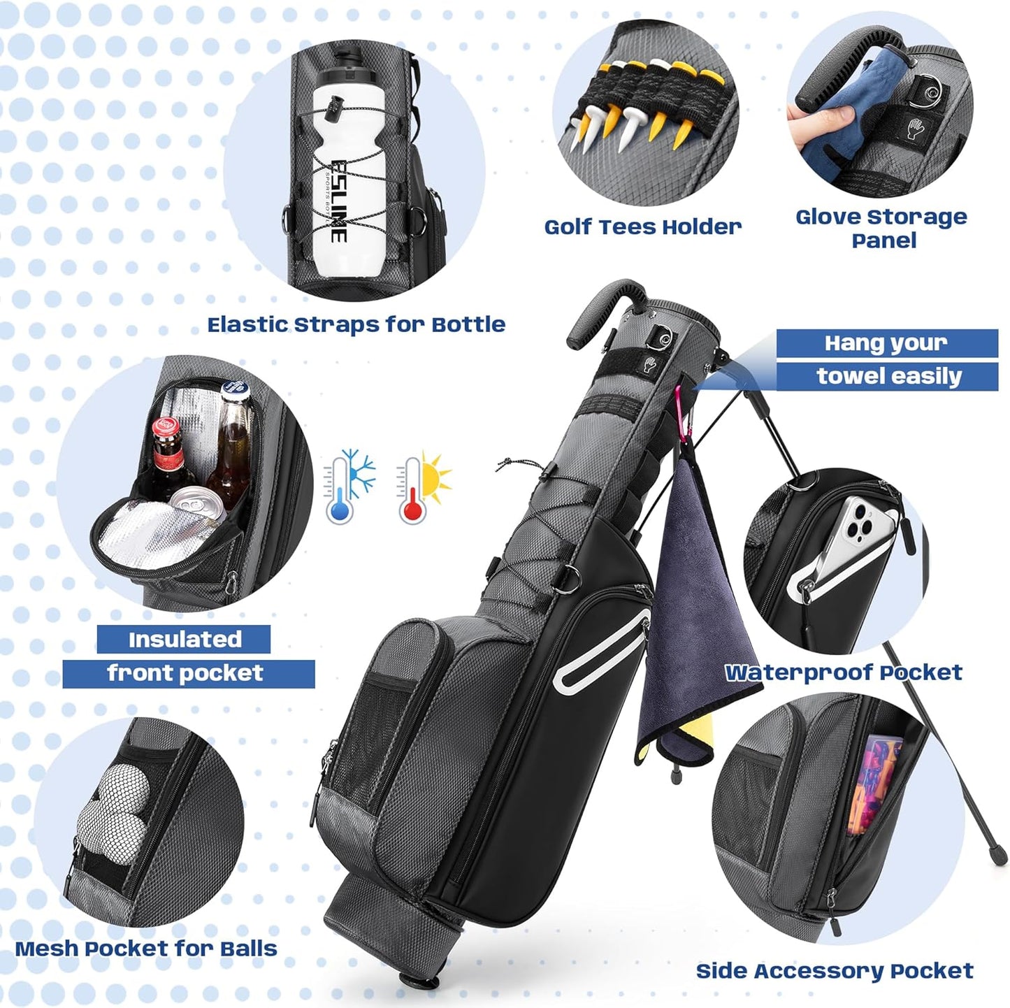 Golf Stand Bag Fit Up to 7 Clubs, Compact Design for Par 3 Courses and Driving Range, Lightweight Pitch and Putt Golf Bag, with Padded Double Strap, Rain Cover, Accessory Pockets