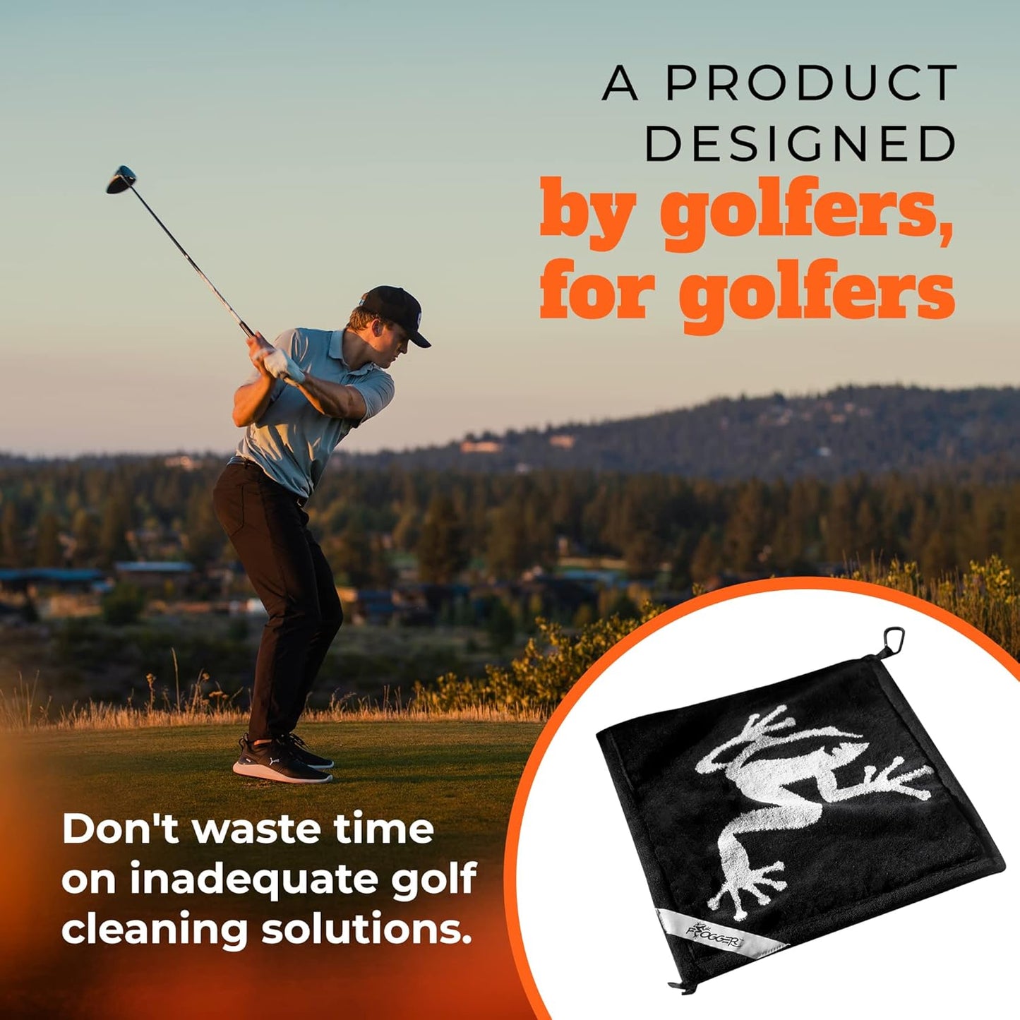 Frogger Amphibian 2-in-1 Golf Towel with Wet and Dry Technology, Black/Grey, Premium Golf Bag Accessory with Carabiner Clip, Ultra Absorbent, for Golf Dads