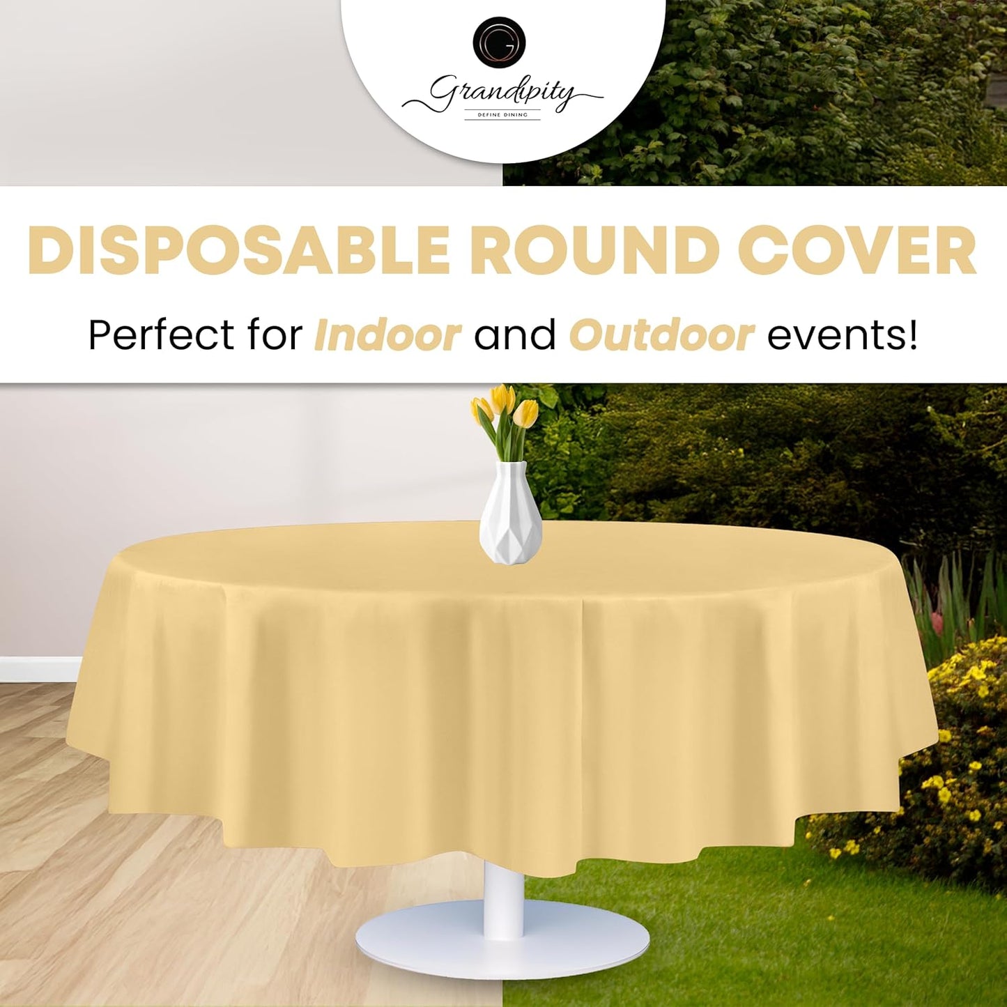 Grandipity 12 Pack Premium Disposable Plastic Tablecloth 84" Inch Decorative Round Table Cover - Ivory