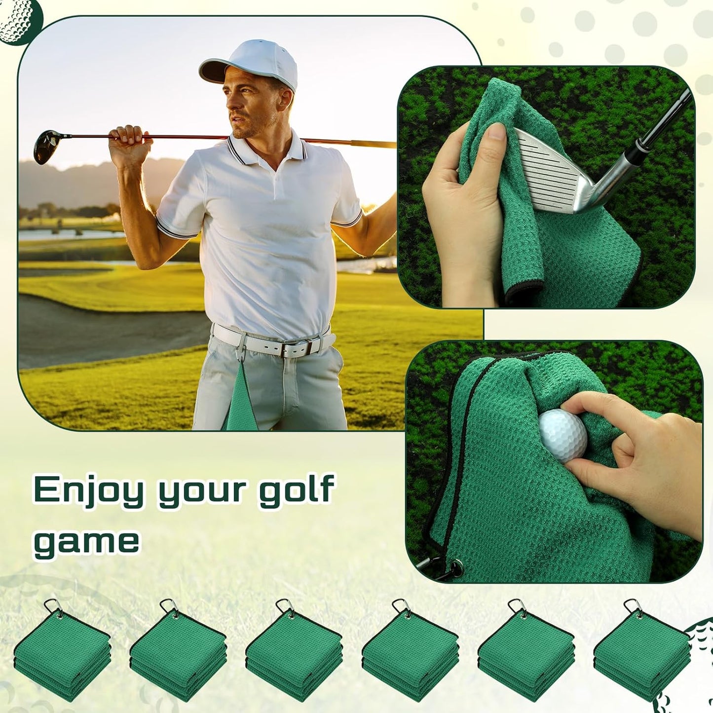 Batiyeer 30 Pcs Bulk Golf Towels for Golf Bags 16'' x 16'' Microfiber Fabric Golf Towel Waffle Pattern with Clip for Bags Men Mini Tournament Fitness Yoga Camping(Green)