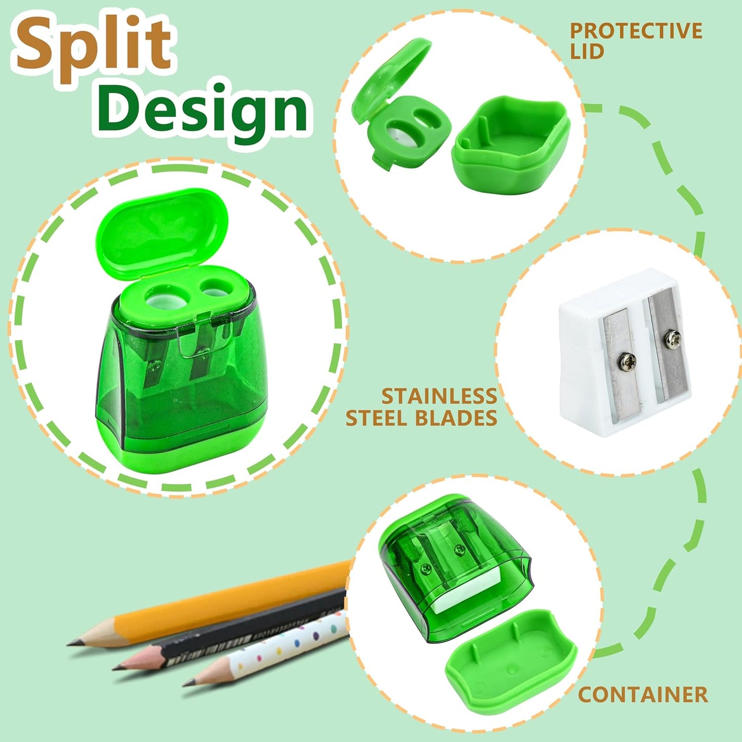 AUSTARK 24Pcs Pencil Sharpener Manual, Assorted Color Small Dual Hole Pencil Sharpeners Bulk with Lid for School Office Home (Geometry-24)