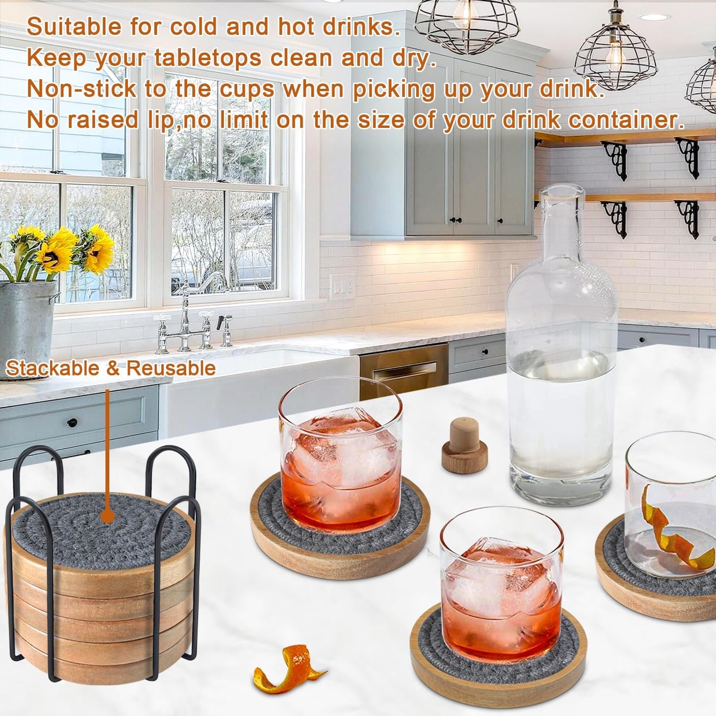 Coasters for Drinks Absorbent Sets of 8, Woven Coasters with Holder, Wood Coasters for Coffee Table, Housewarming Gift for Farmhouse Home Decor, 4 inches Gray