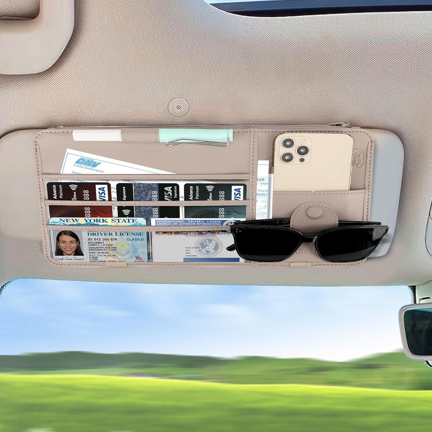 Leather Car Sun Visor Organizer for Cars, Trucks & SUVs: Features Sunglasses Holder, Secure Zipper Pockets, and 6 Clear Windows for Registration, Driver's License, and Insurance Card（Shallow Khaki）