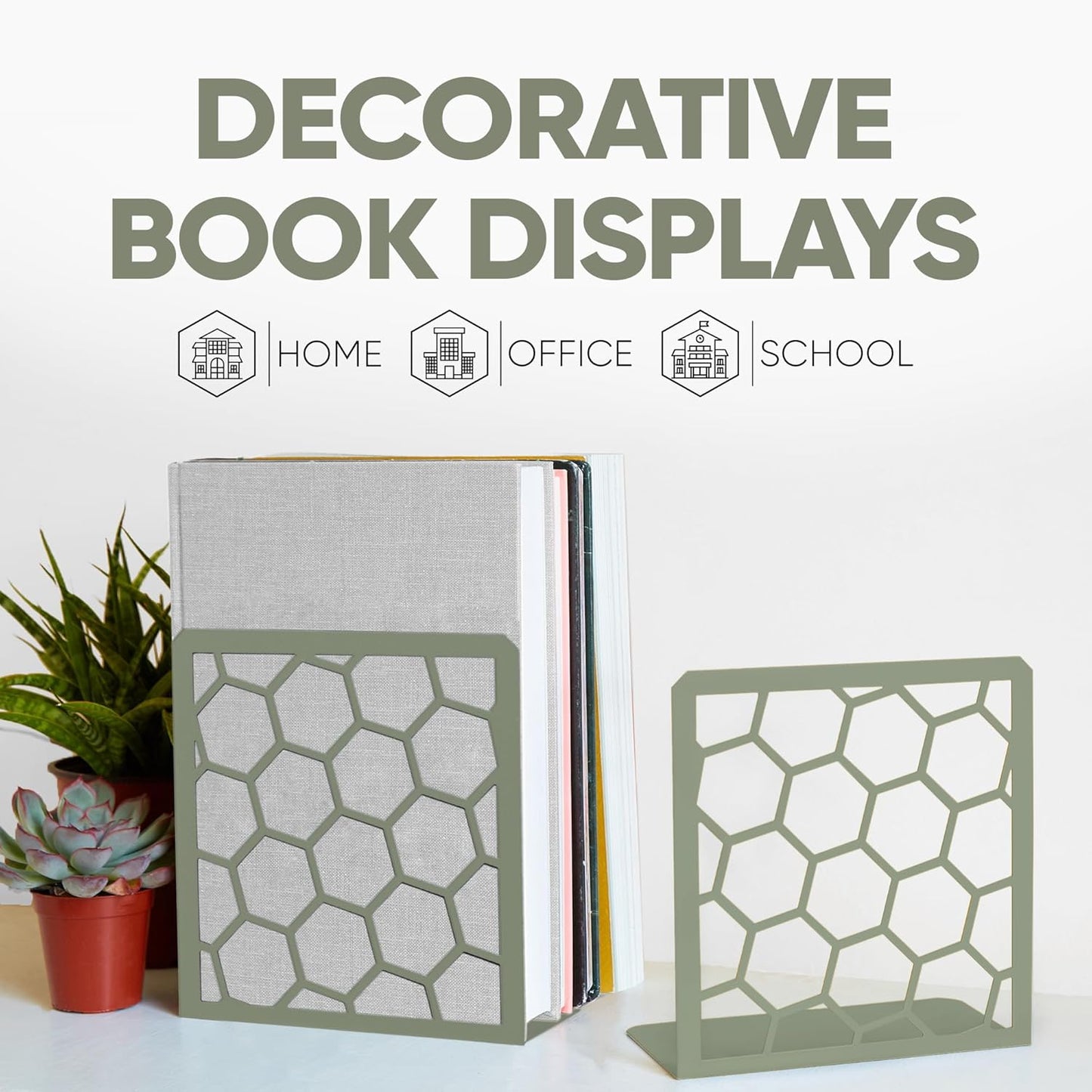 GEOMOD Geometric Honeycomb Sage Metal Bookends Decorative - Tall Sturdy Book Ends for Shelves - Modern Heavy Duty Bookend Stopper - Office or Home Book Shelf Holder - 6x3.25x6.25 Inches-1 Pair