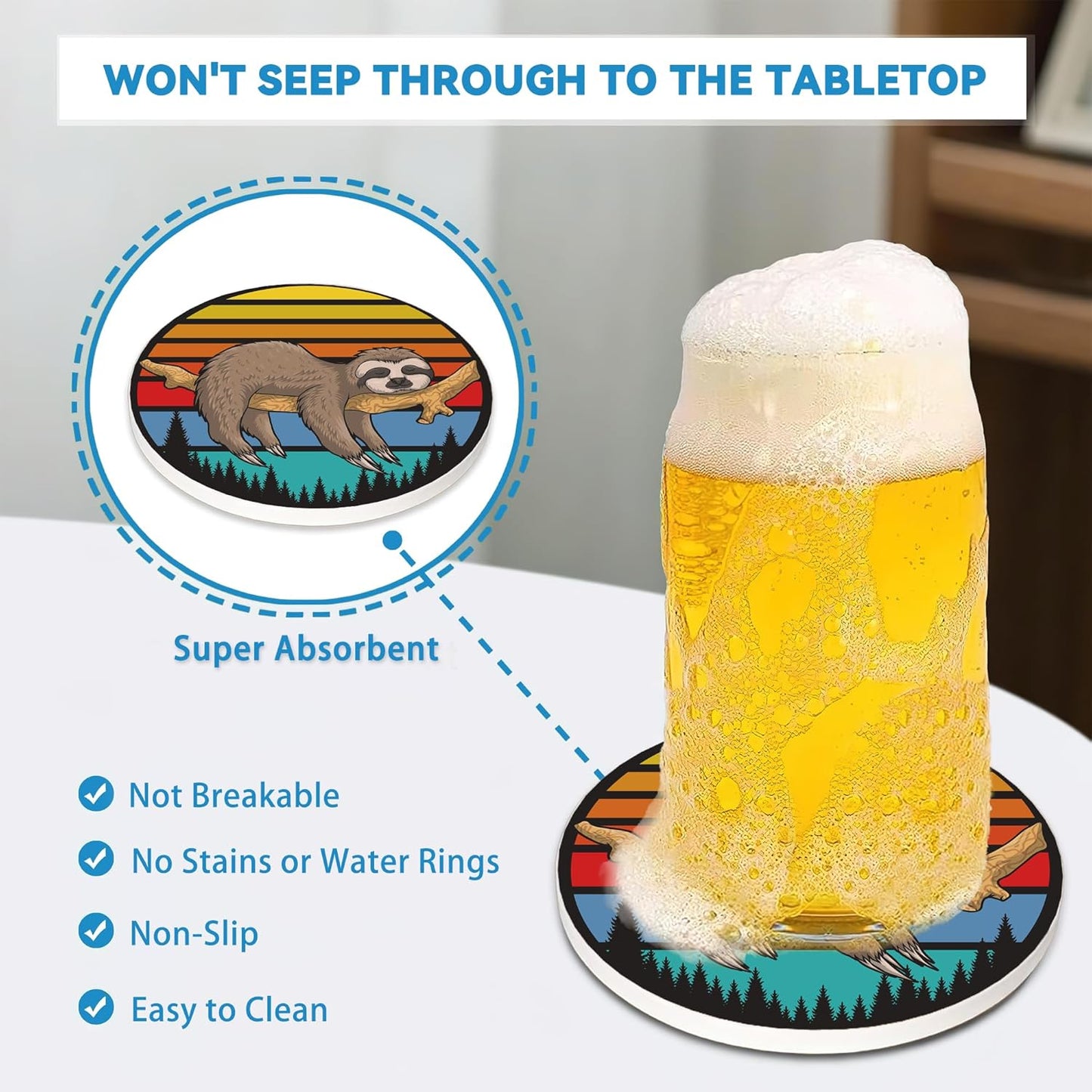 Drinks Coasters Set of 4, Sleeping Sloth Round 4" Cup Coasters, Absorbent Ceramic Stone Coasters with Cork Base, Cute Coasters for Table Home Décor, Ideal Gifts for Women Men