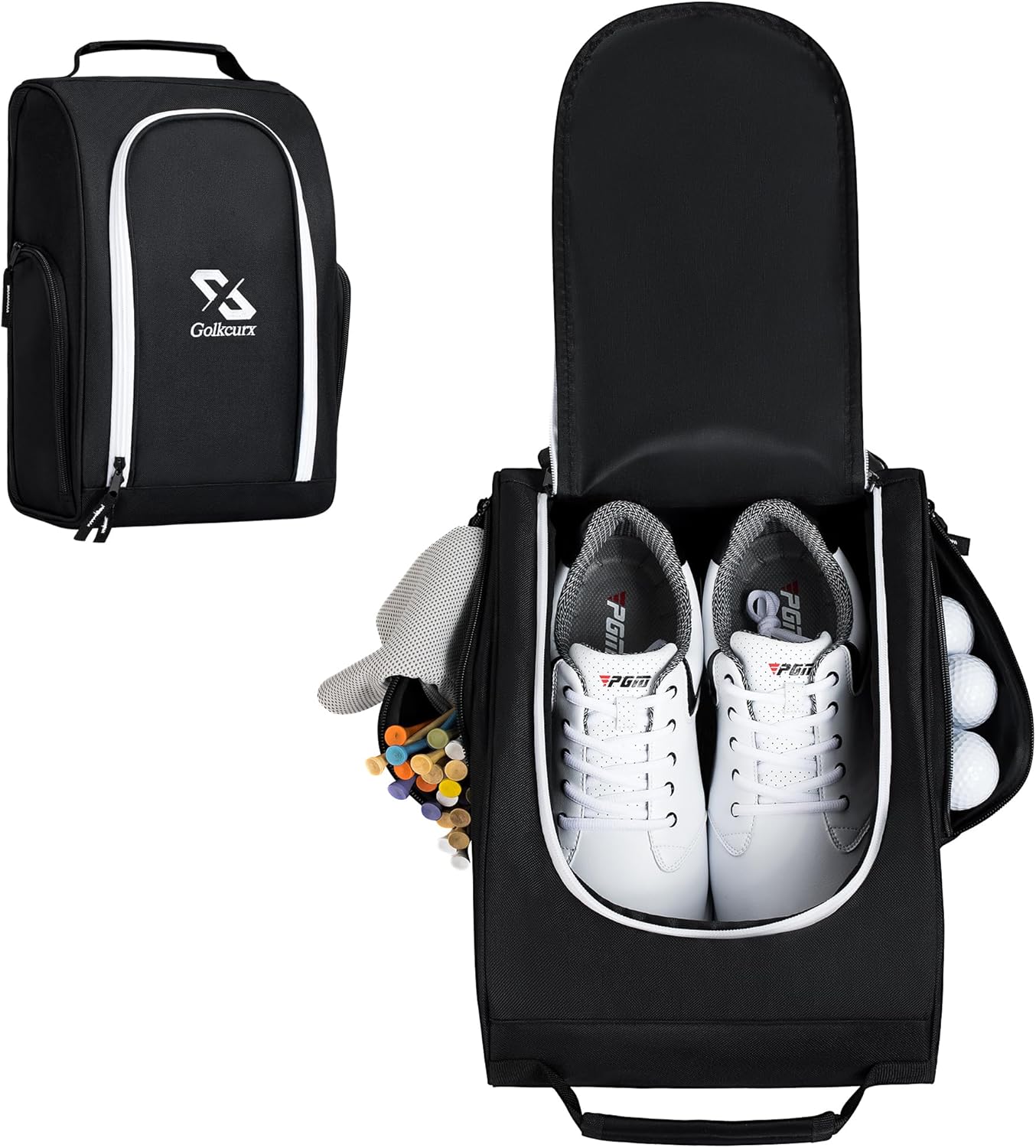 Golkcurx Golf Shoe Bag for Travel Zippered Sport Shoe Carrier Bags with Side Accessory Pockets for Socks, Tees, Golf Balls（Black）