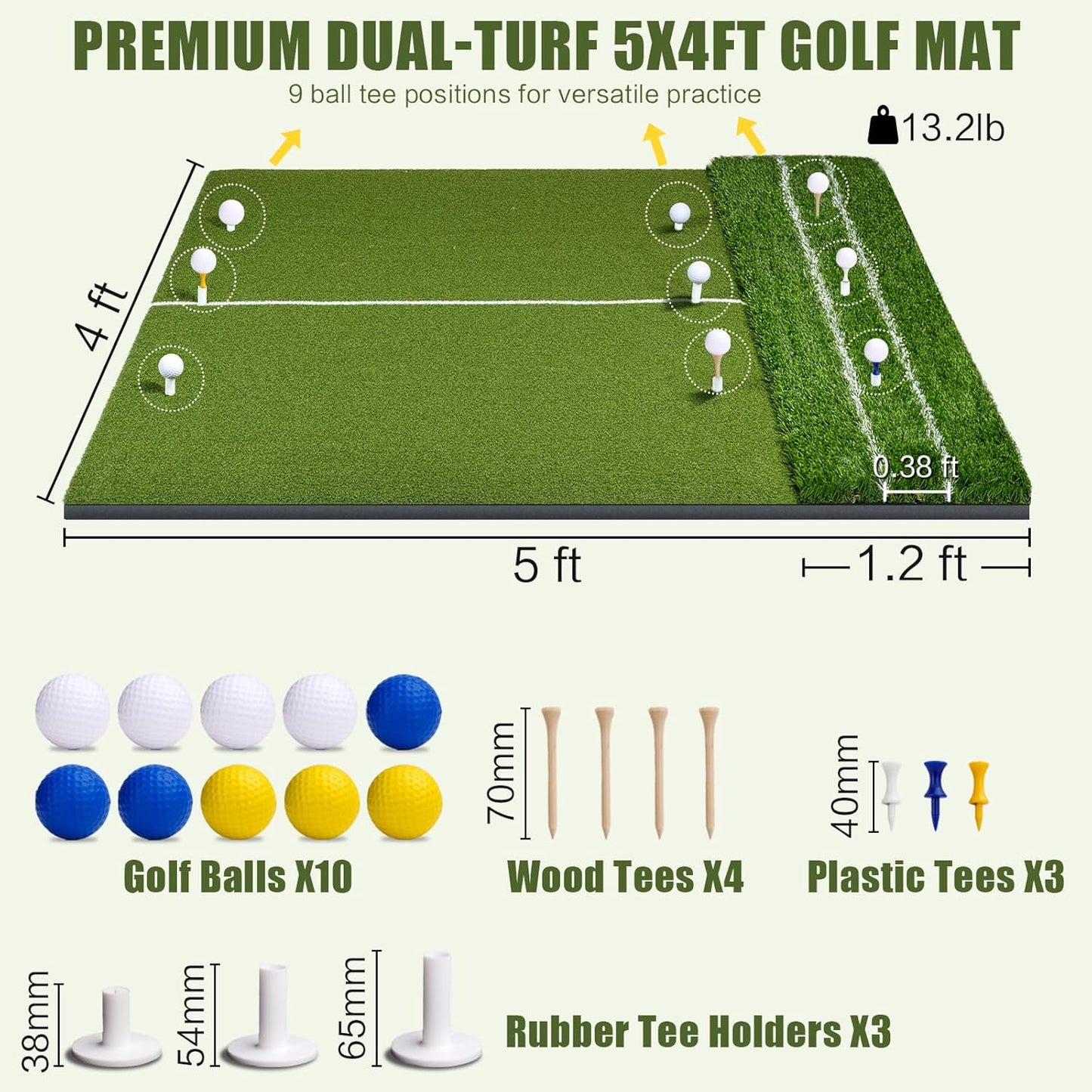SIOTMERA 23x16IN & 5x4FT Golf Mat, Dual-Turf Golf Hitting Mat with High-Elasticity EVA Anti-Slip Bottom, Anti-Deformation,Reinforced Glue, Ideal for Swing,Chipping Practice,Indoor/Outdoor
