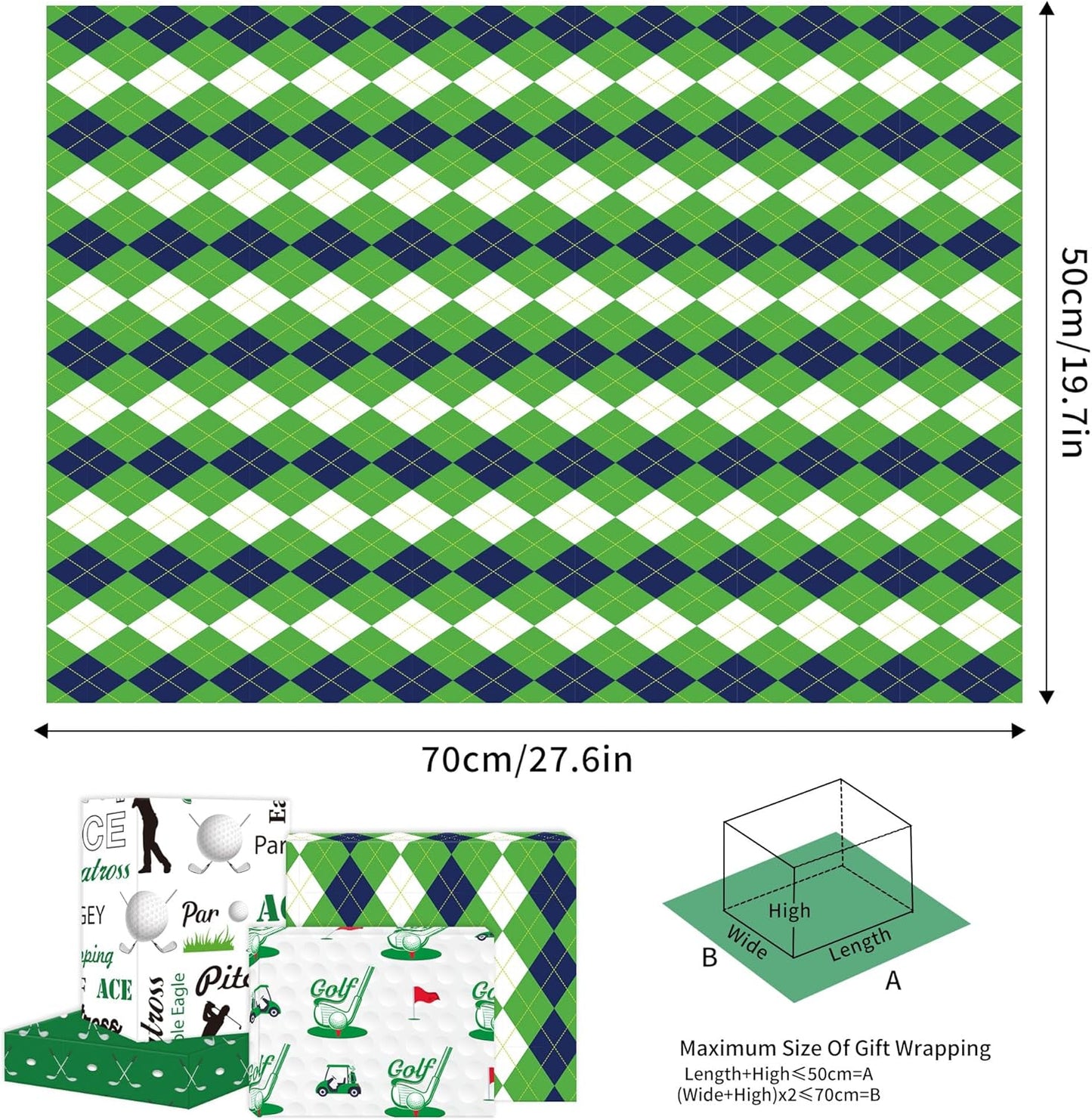 EoBeCy Golf Wrapping Paper for Men Boys, 12 Sheets Golf Gift Wrap with Golf Clubs, Balls, Carts, and Green Argyle Designs, Sports Wrapping Paper for Birthday Retirement (20 x 28 Inches Per Sheet)
