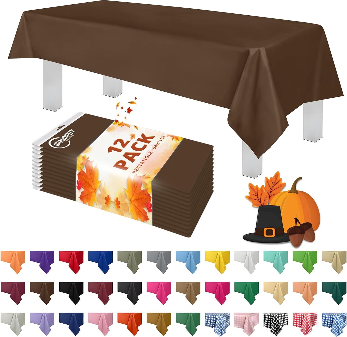 Grandipity 12 Pack Premium Disposable Plastic Tablecloth 54 Inch. x 108 Inch. Decorative Rectangle Table Cover - Brown