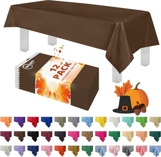 Grandipity 12 Pack Premium Disposable Plastic Tablecloth 54 Inch. x 108 Inch. Decorative Rectangle Table Cover - Brown