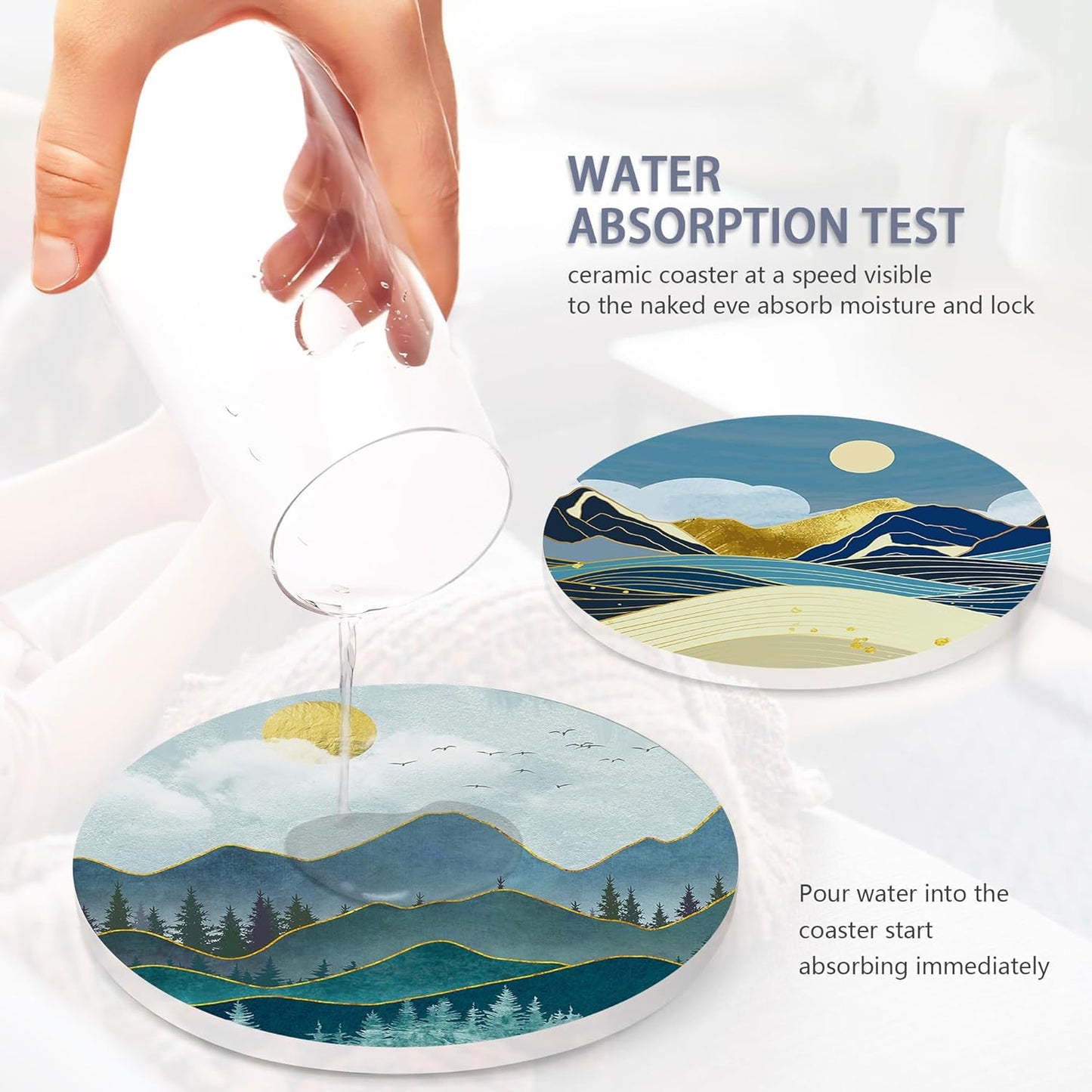 6 Pcs Coasters for Drinks with Holder, Abstract Mountain Sun Absorbent Ceramic Coasters with Cork Base,Cute Funny Table Drinks Coasters Tabletop Protection Mat,Table Home Decor,4 Inches