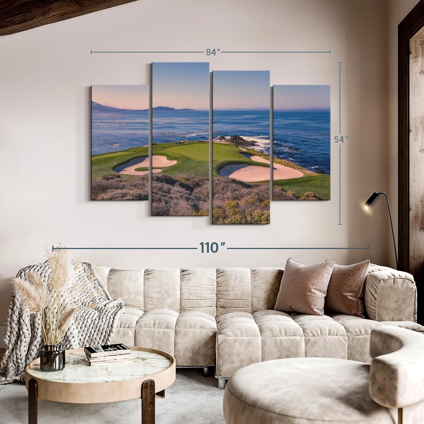Elephant Stock Pebble Beach Golf Club Wall Art - Horizontal Canvas - 4-Piece Living Room Wall Decor - Luxury Photography Canvas Print - Beige and Blue Decor for Wall - 84" X 54"