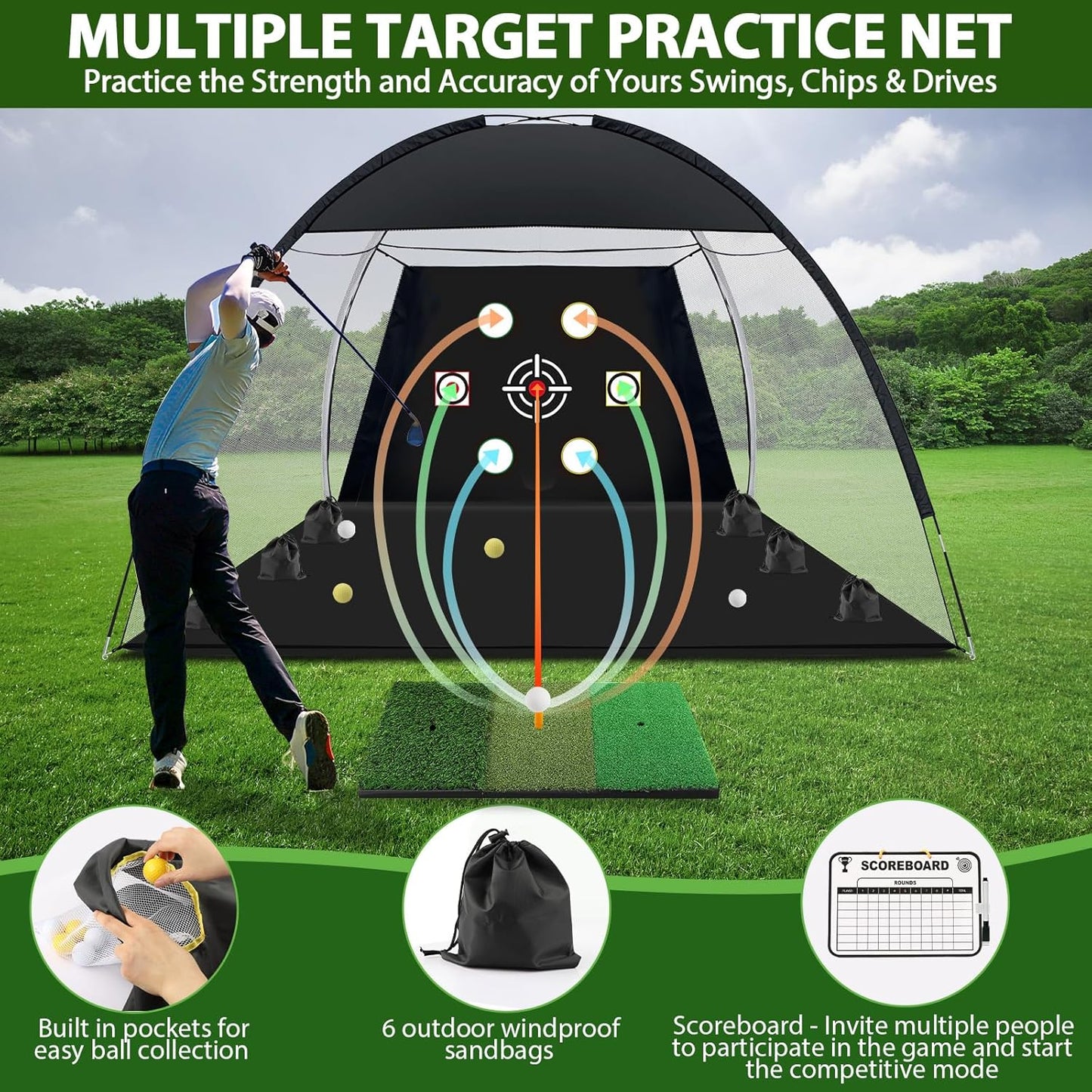 Golf Net, 10x7 Ft Practice Hitting Golf Net with Tri-Turf Mat, Ball, Tee, and Carring Bag, All-in-One Multi-Target Training Aid for Outdoor/Indoor Chipping & Driving, Ideal Gift for Men/Enthusiasts