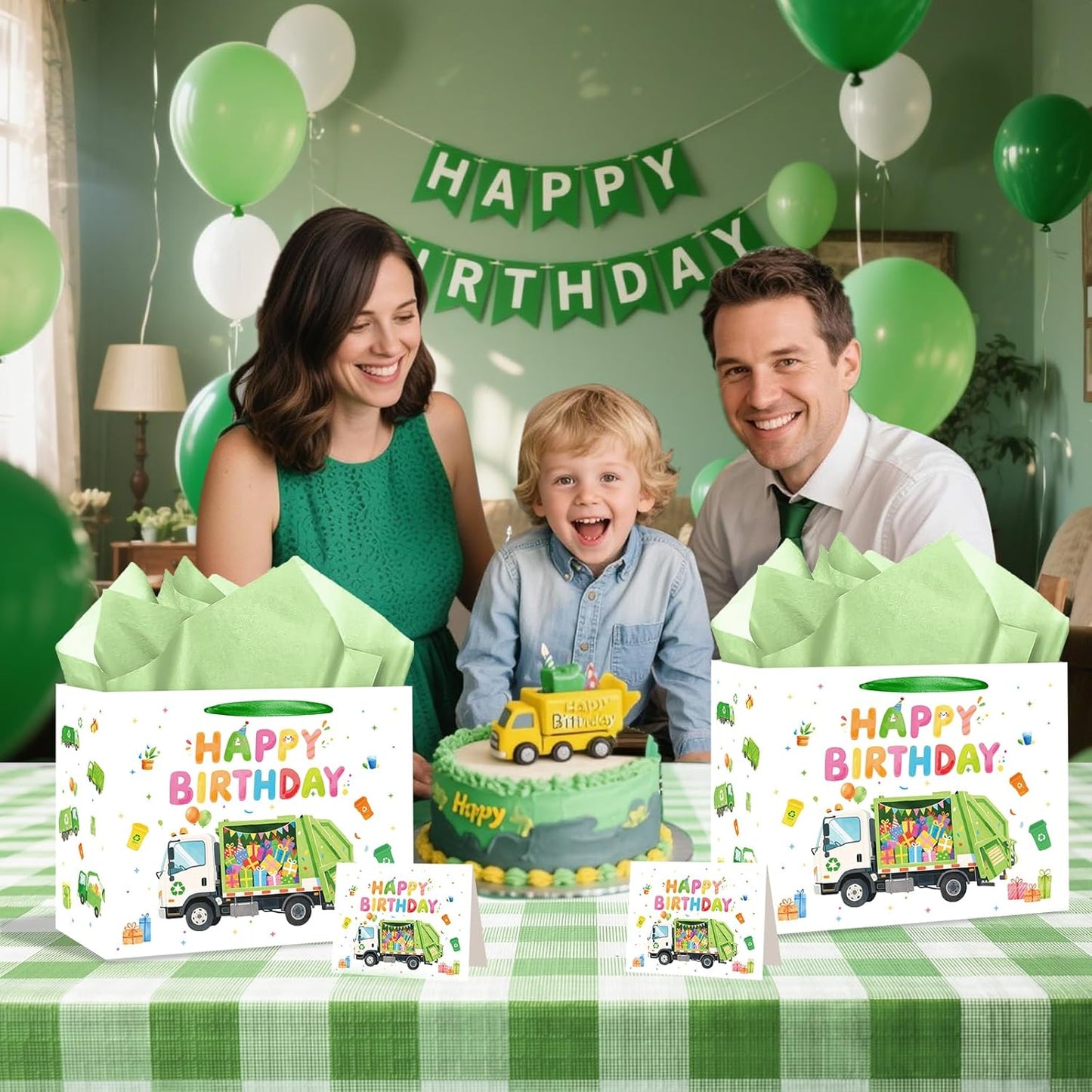 Trash Truck Birthday Decorations Gift Bags with Garbage Truck Wrapping Paper Greeting Card Goodie Bags for Trash Truck Garbage Birthday Party Baby Shower Decorations Supplies Decor Favors Boys Kids
