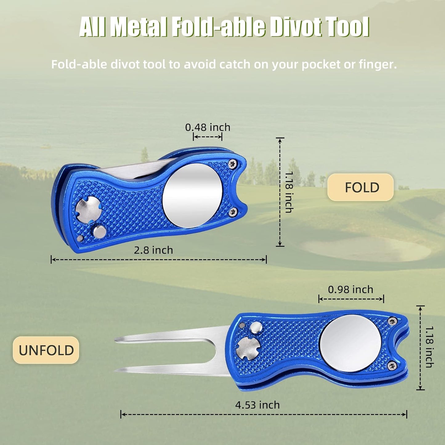 Mile High Life Golf Divot Repair Tool, All Metal Foldable Divot Tool with Pop-up Button & Magnetic Ball Marker, 2-6 Pack