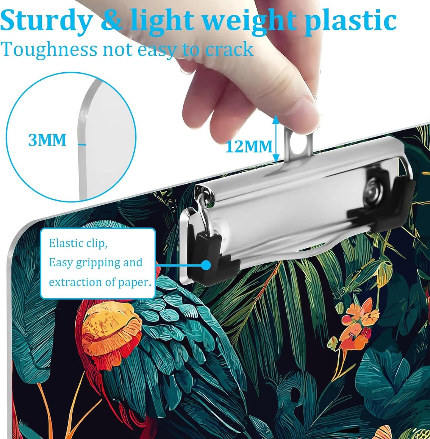 Macaws and Flowers Plastic Clipboards with Low Profile Clip 12.5 x 8.7 Inch Multi Color Plastic Clipboards - Clear Clipboards Bulk Classroom Holds 100 Sheets