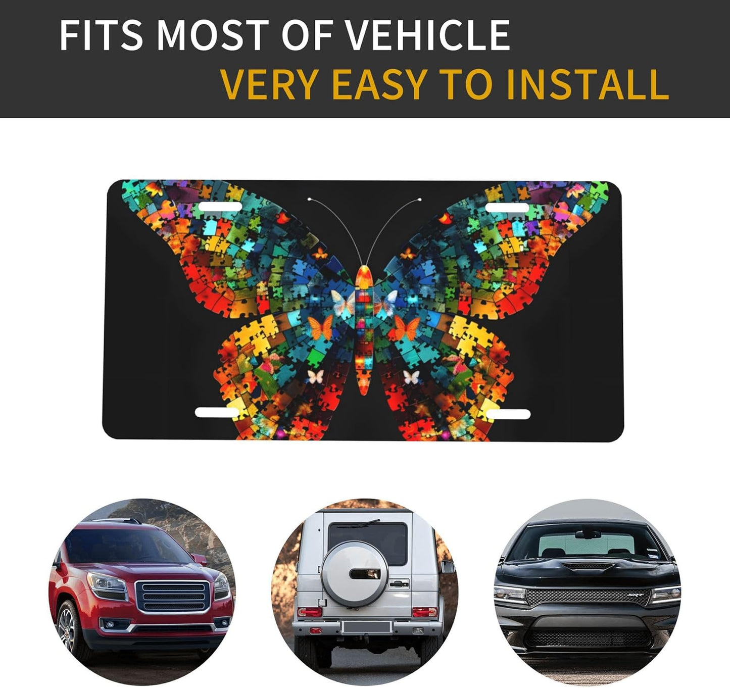 Front License Plate for Car Designs Autism Animal Butterfly Stainless License Plate Cover Holder for Men Women Metal Aluminum Decorative Accessory Vanity Tag Standard 6 X 12 Inch (4 Holes)
