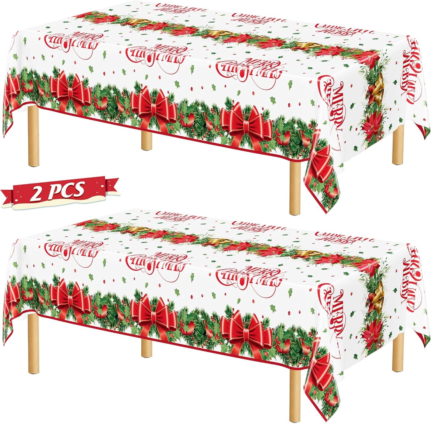QZYL 2 Pack Christmas Tablecloths, 54" x 108" Xmas Plastic Table Cloth, Poinsettia Holly Bells Design Holiday Disposable Tablecover Rectangle Tablecloth, Christmas Decor Holiday Table Decorations