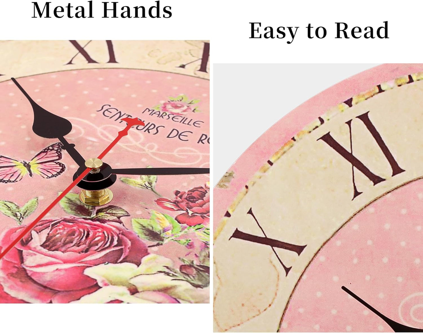 VIKMARI Home 14 Inch Battery Operated Silent Non-Ticking Vintage Wall Clock Design Wooden Round Roman Numerals Indoor Clocks Rose Pink Style Wall Clocks